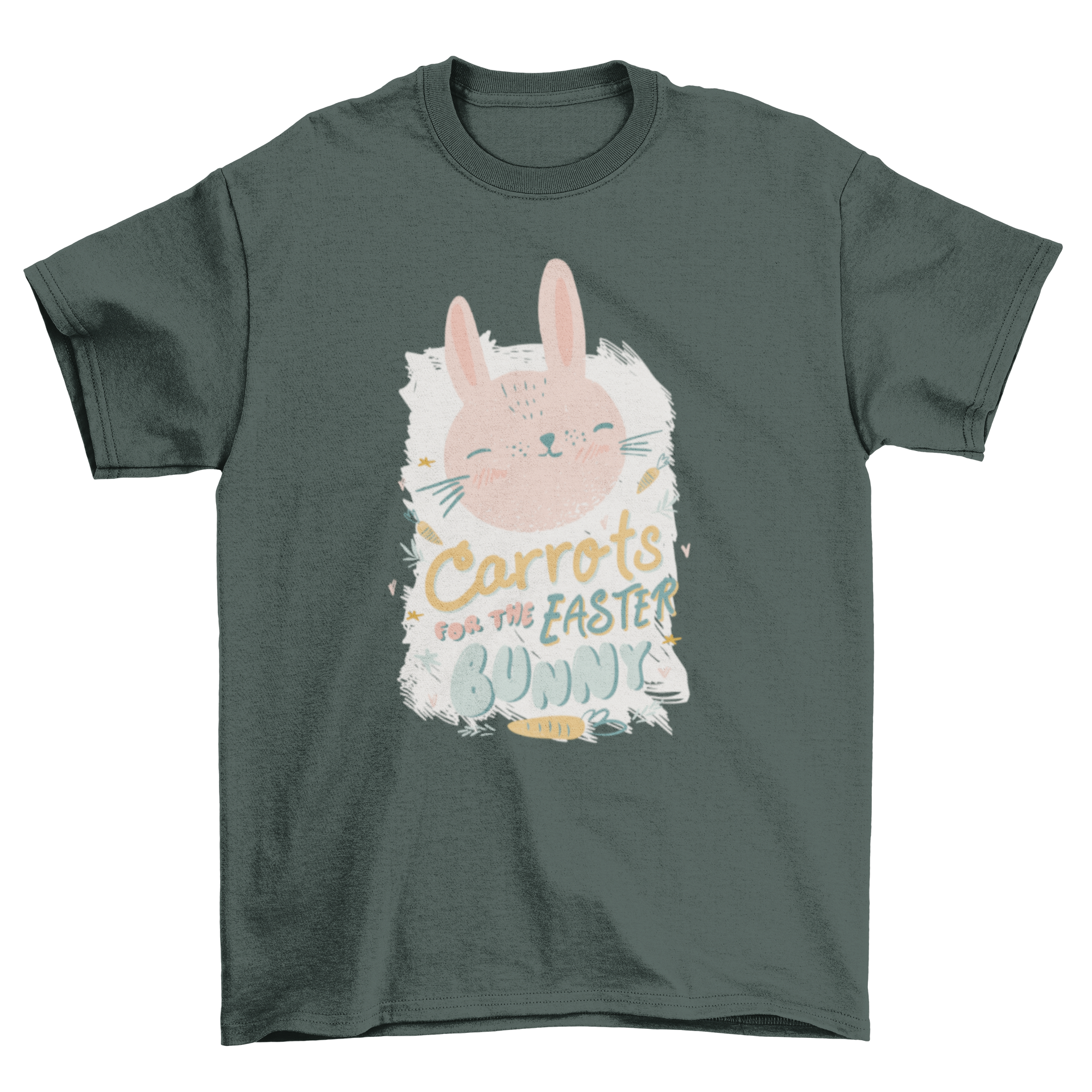 A cute t-shirt featuring a smiling rabbit and the quote 'carrots for the easter bunny', perfect for Easter celebrations.