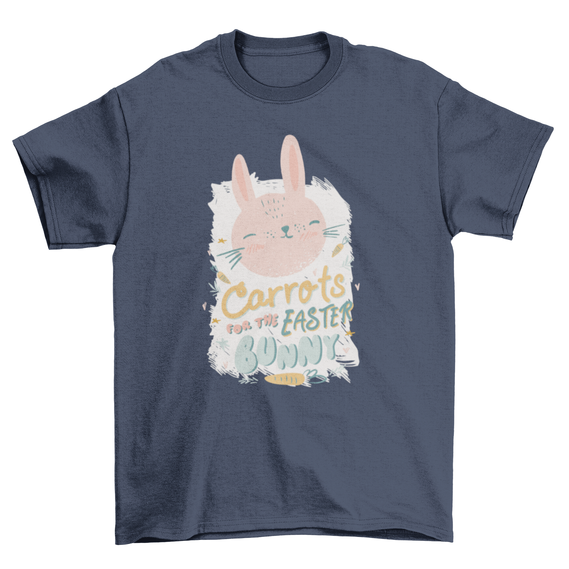 A cute t-shirt featuring a smiling rabbit and the quote 'carrots for the easter bunny', perfect for Easter celebrations.