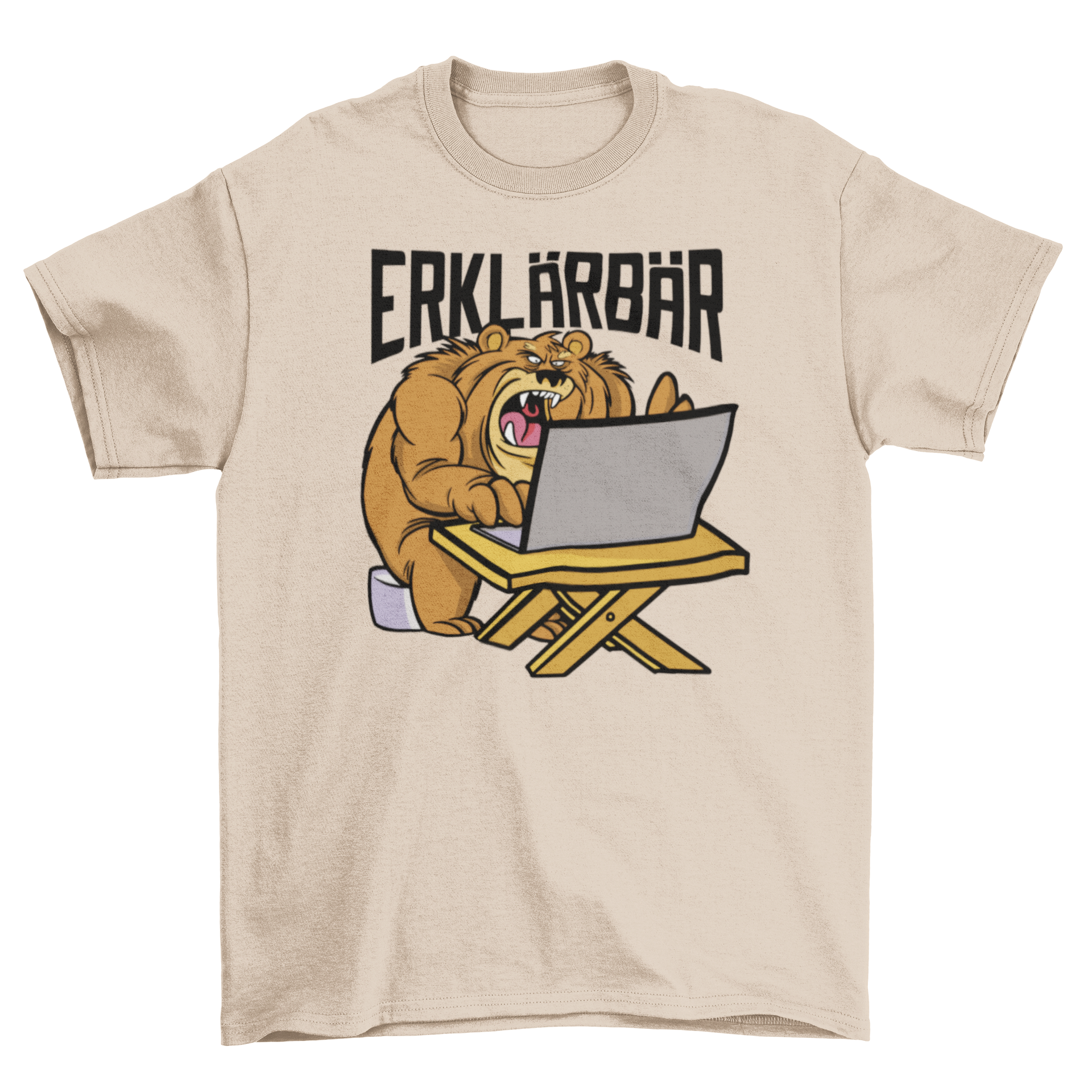 A stylish t-shirt featuring a cartoon bear working on a computer with the quote 'Explainable'.