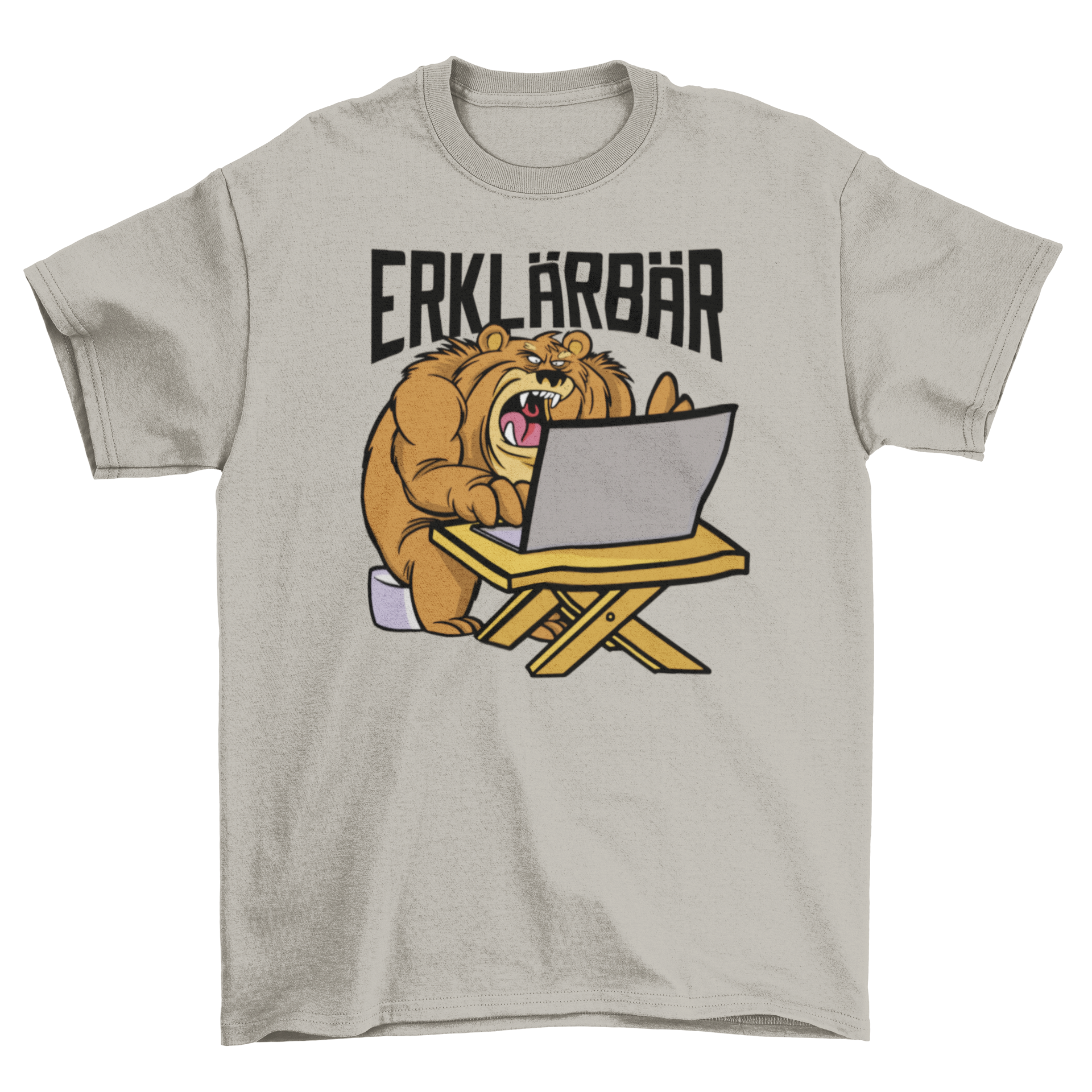 A stylish t-shirt featuring a cartoon bear working on a computer with the quote 'Explainable'.