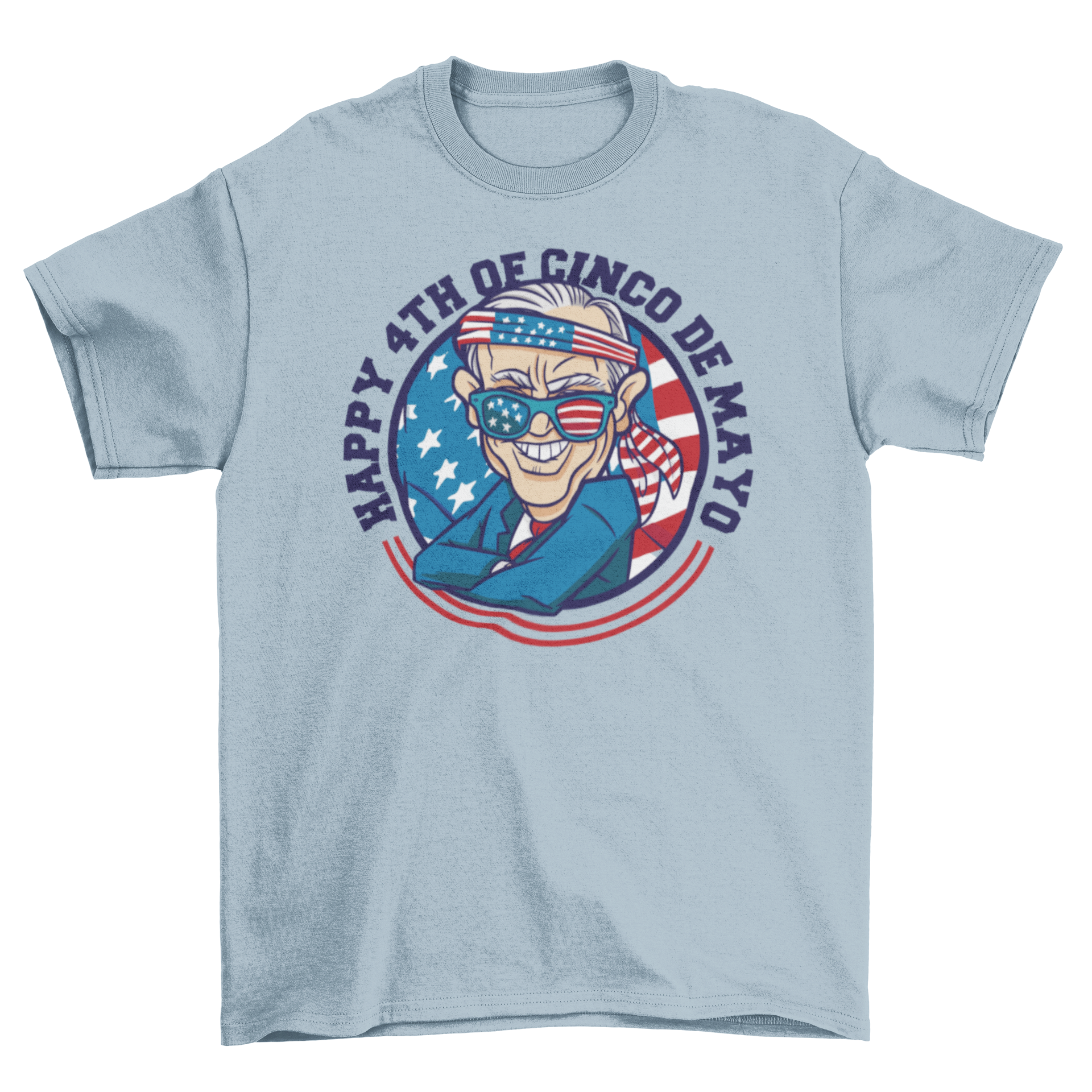 Cartoon Biden t-shirt featuring American flag in glasses and bandanna with a humorous quote.