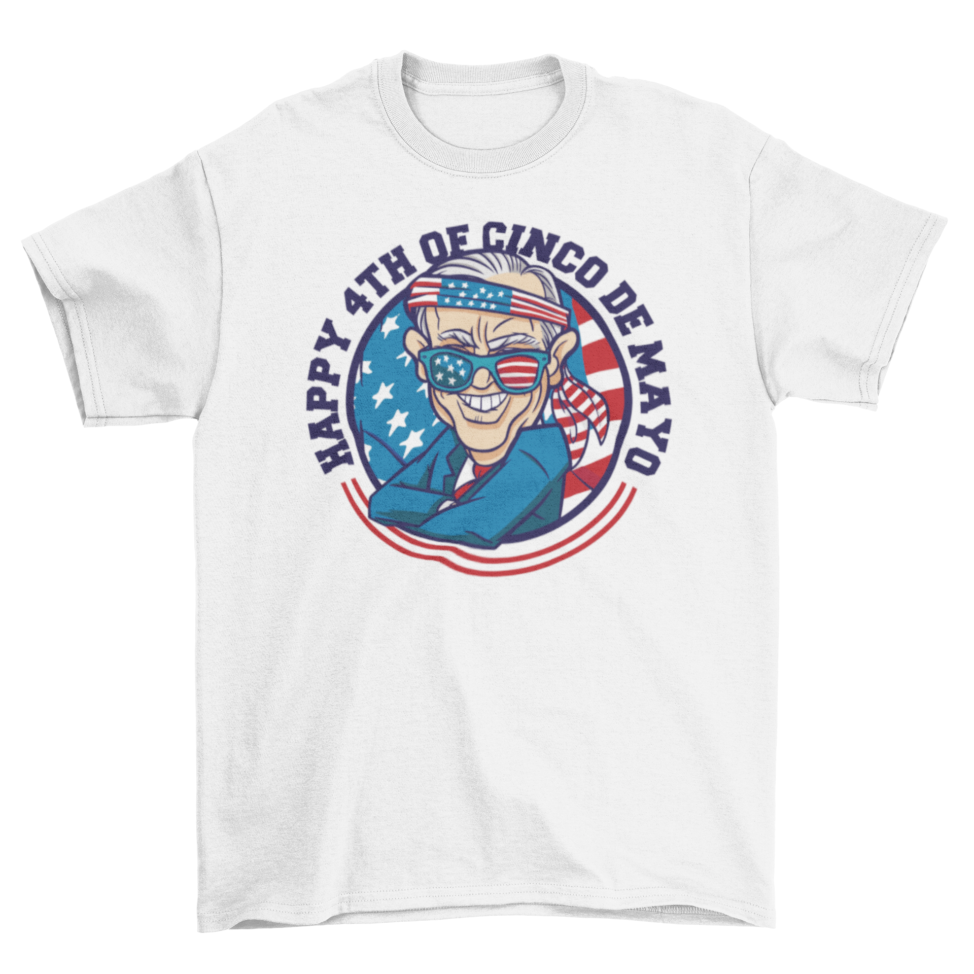 Cartoon Biden t-shirt featuring American flag in glasses and bandanna with a humorous quote.