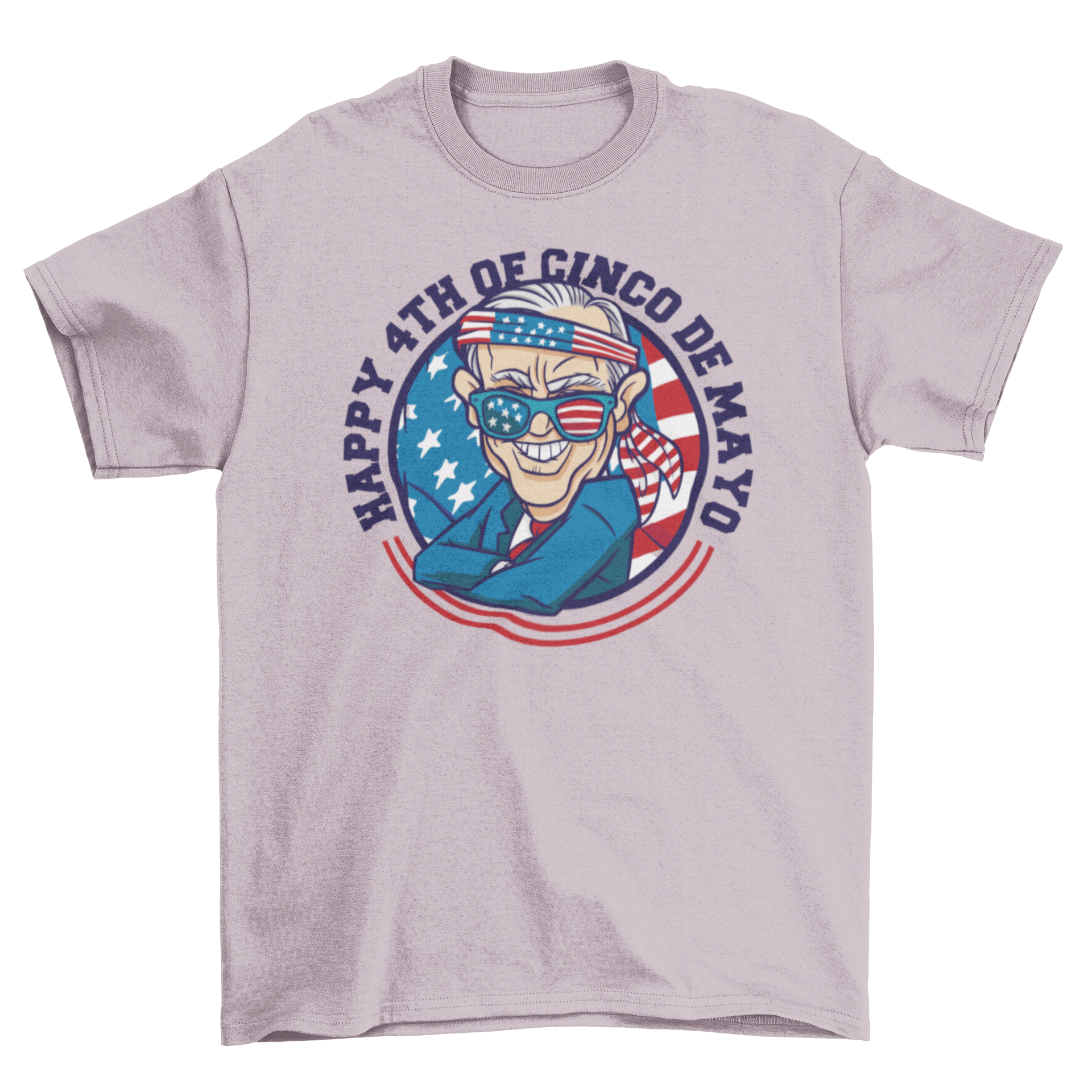 Cartoon Biden t-shirt featuring American flag in glasses and bandanna with a humorous quote.