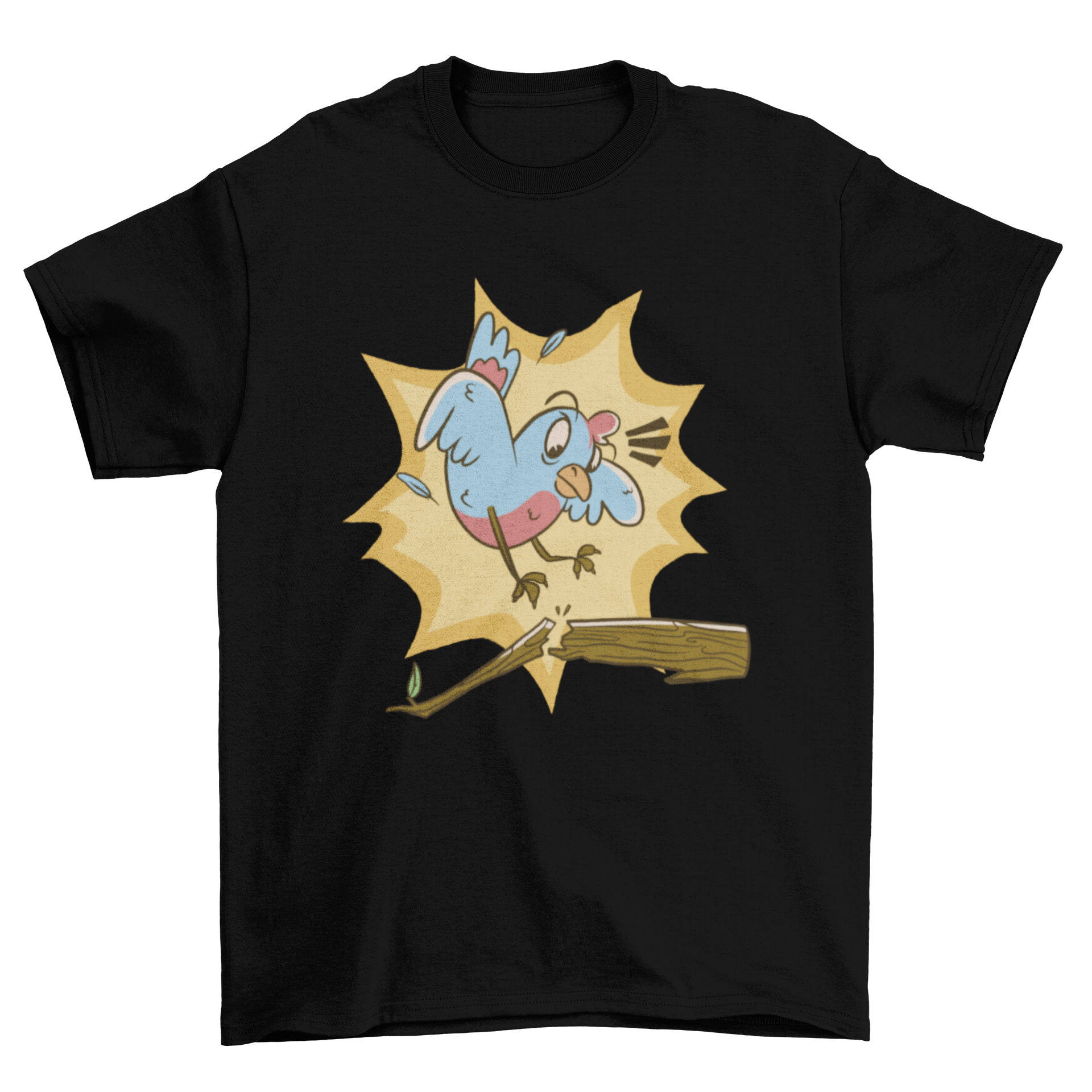 A vibrant cartoon bird perched on a broken branch, featured on a stylish t-shirt.