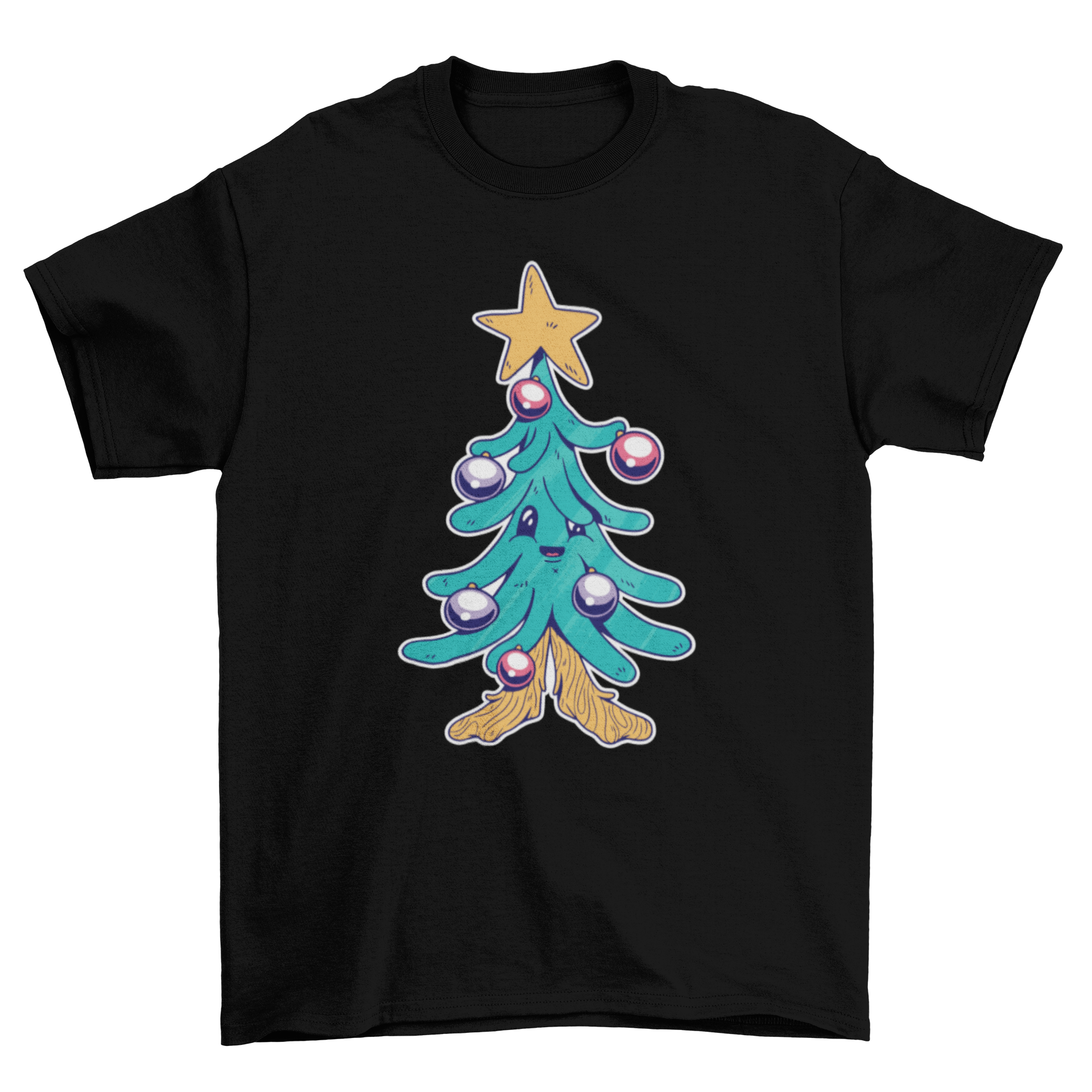 A cute cartoon Christmas tree t-shirt design featuring a smiling tree, perfect for festive apparel.
