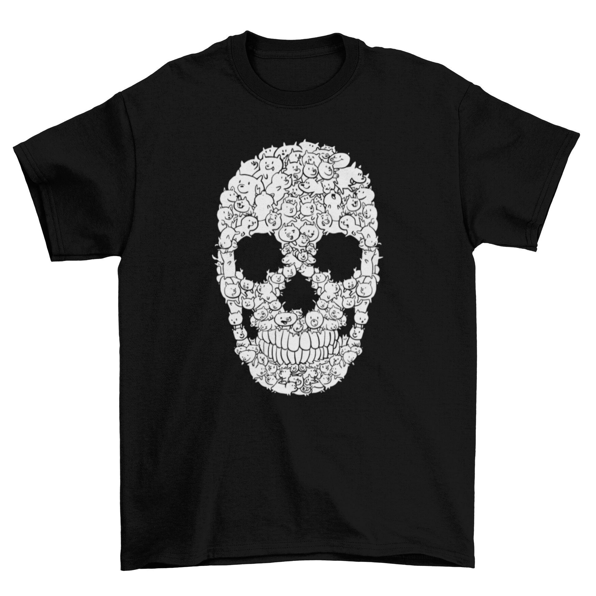 A stylish t-shirt featuring a skull design made from cartoon dogs, showcasing a playful and unique graphic.