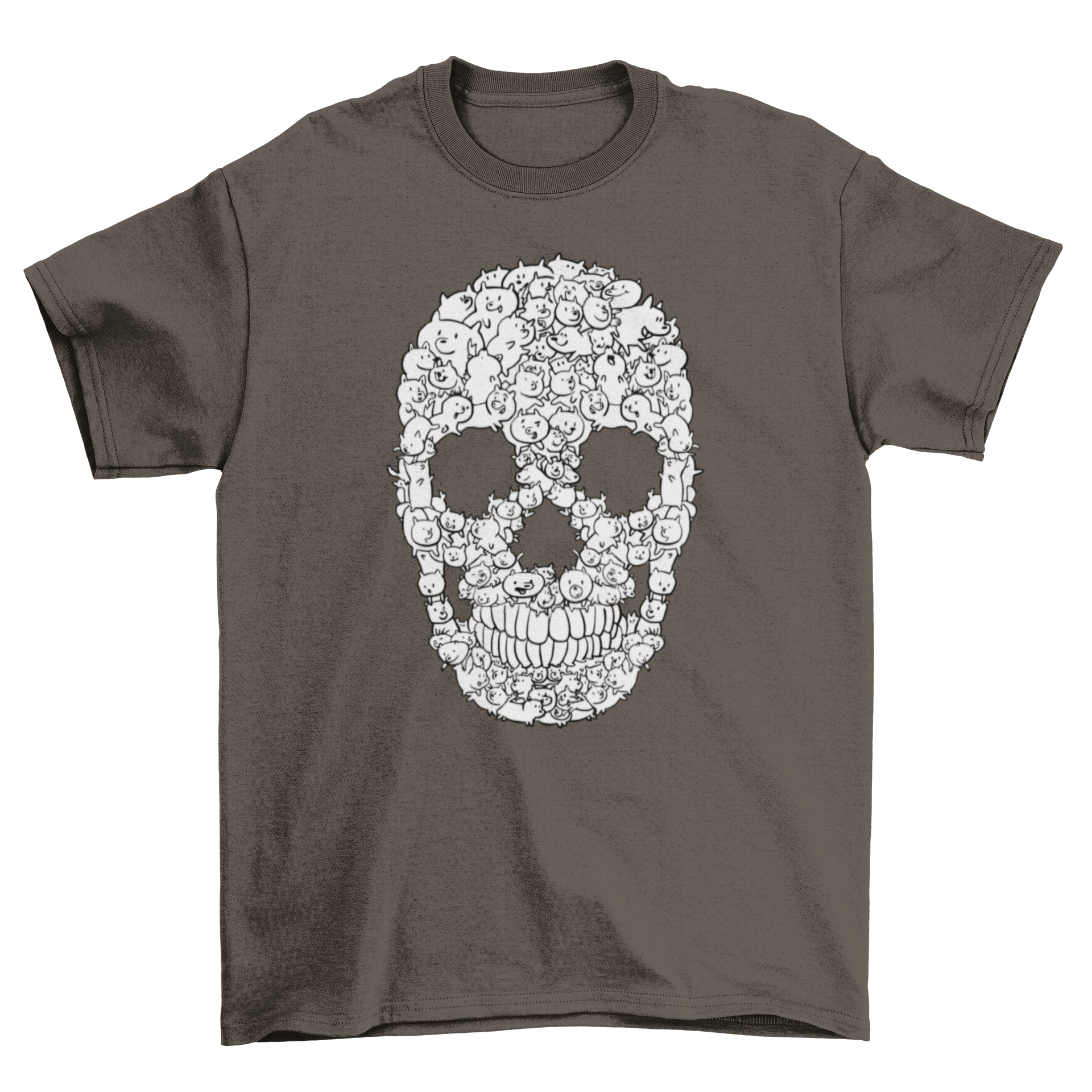 A stylish t-shirt featuring a skull design made from cartoon dogs, showcasing a playful and unique graphic.