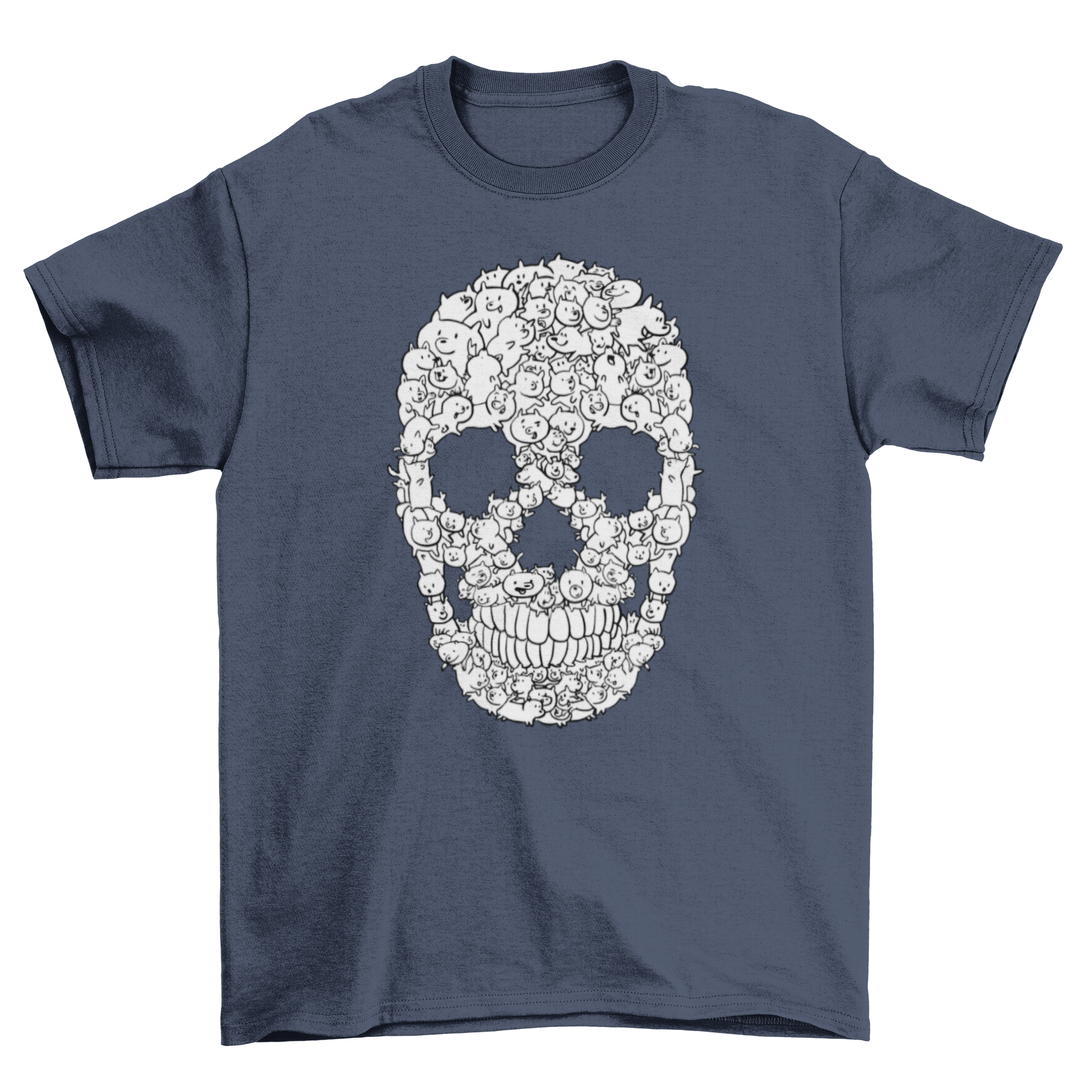 A stylish t-shirt featuring a skull design made from cartoon dogs, showcasing a playful and unique graphic.