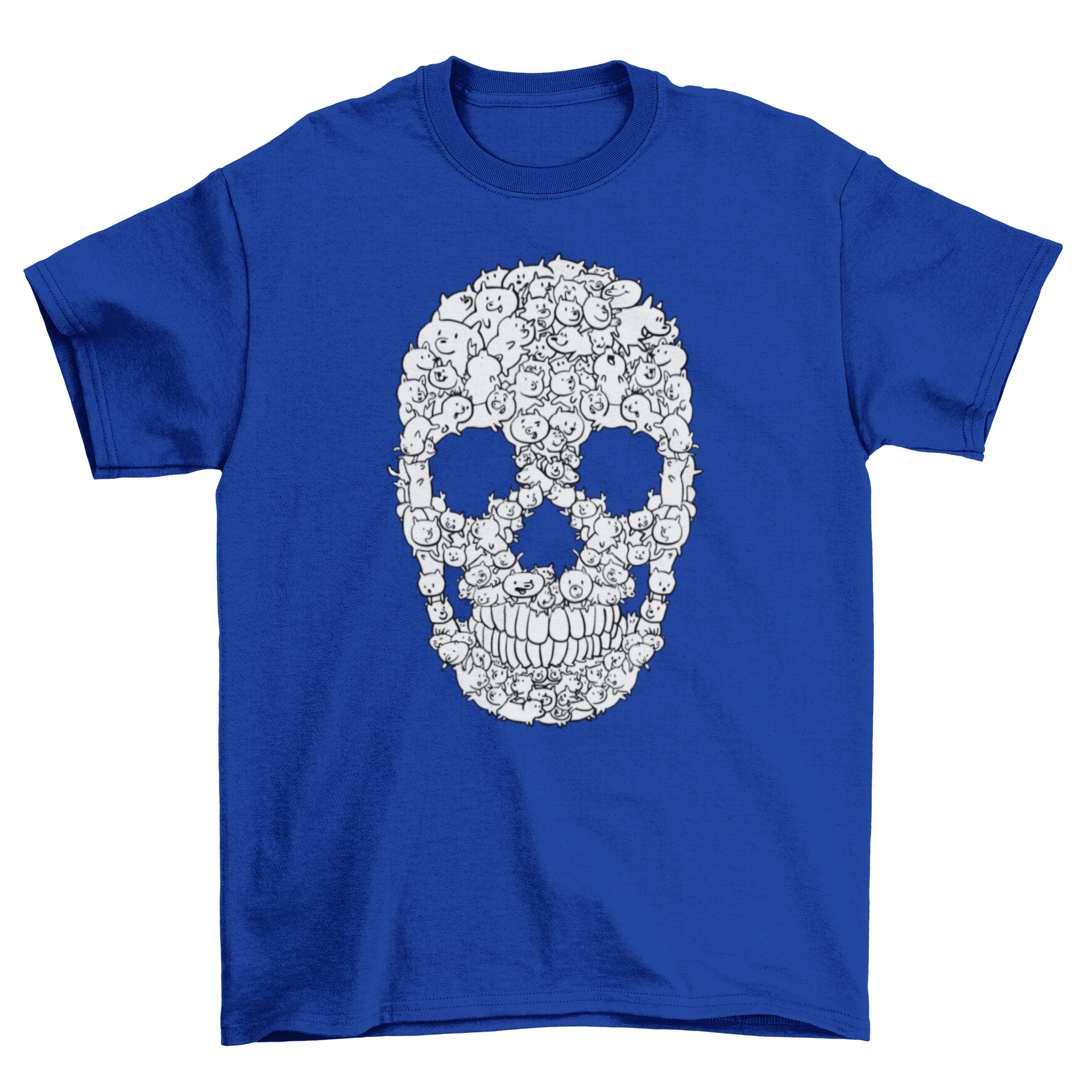 A stylish t-shirt featuring a skull design made from cartoon dogs, showcasing a playful and unique graphic.