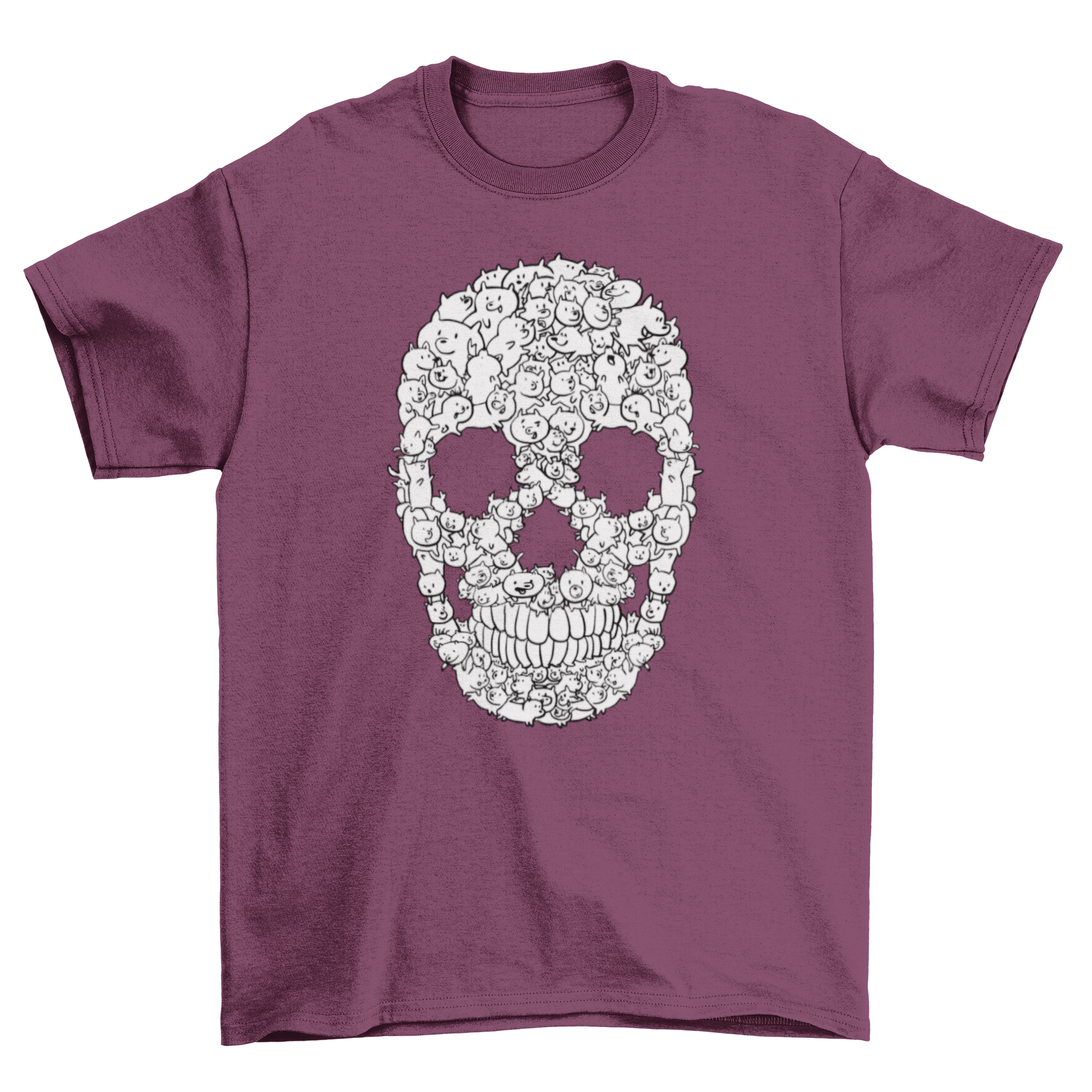 A stylish t-shirt featuring a skull design made from cartoon dogs, showcasing a playful and unique graphic.