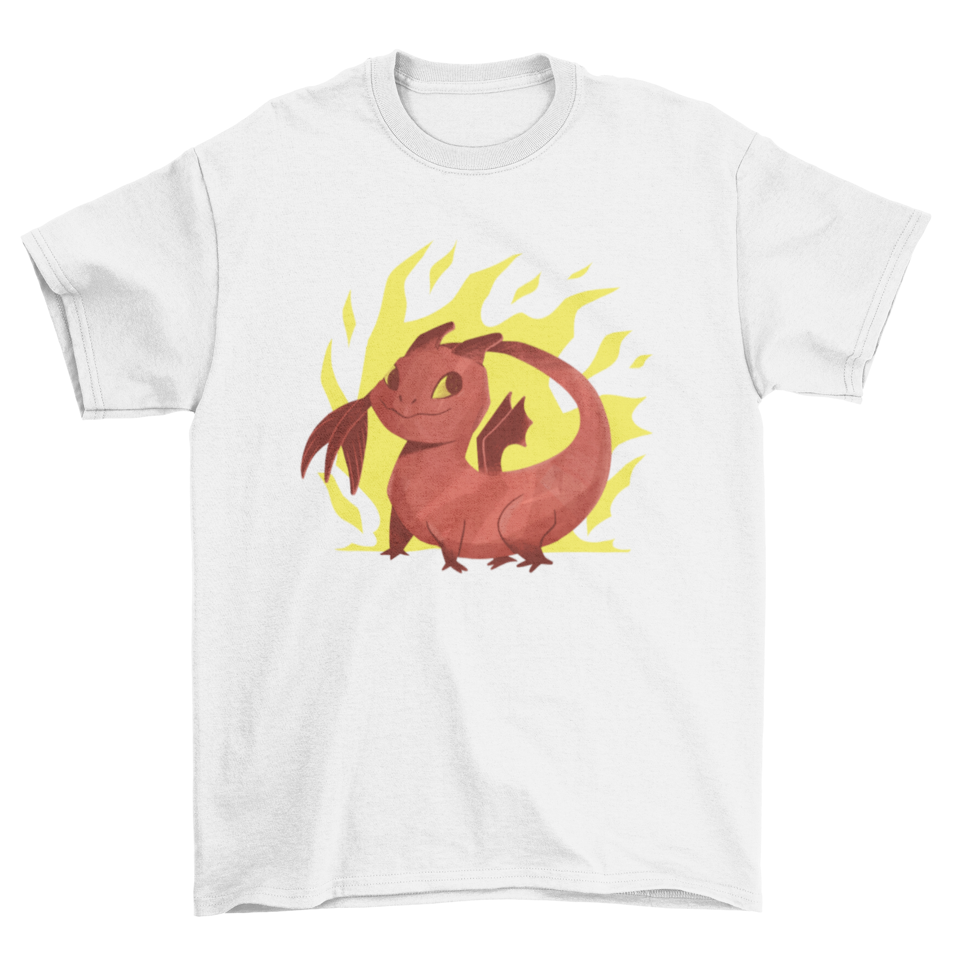 A vibrant cartoon dragon t-shirt design featuring a colorful dragon with flames in the background.