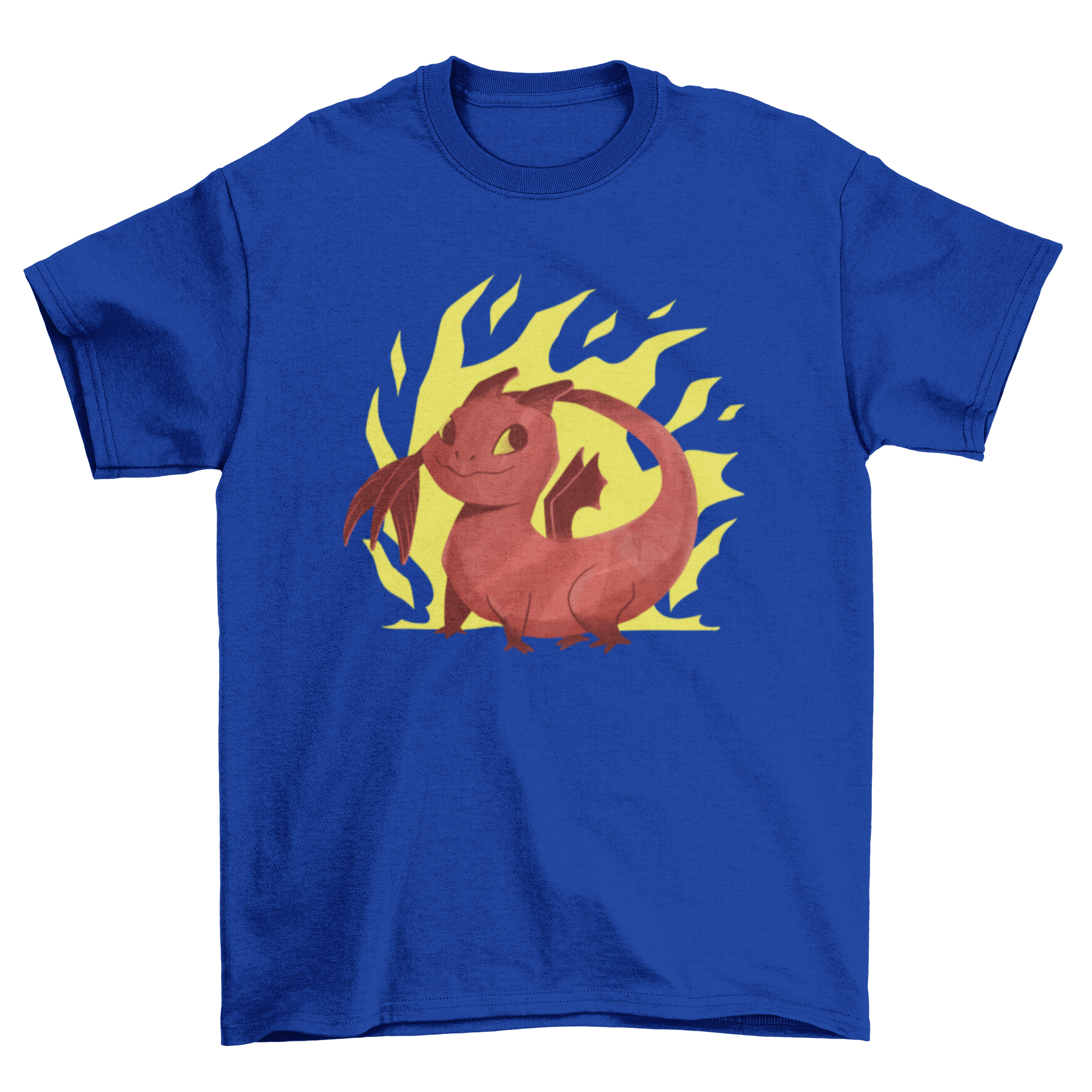 A vibrant cartoon dragon t-shirt design featuring a colorful dragon with flames in the background.