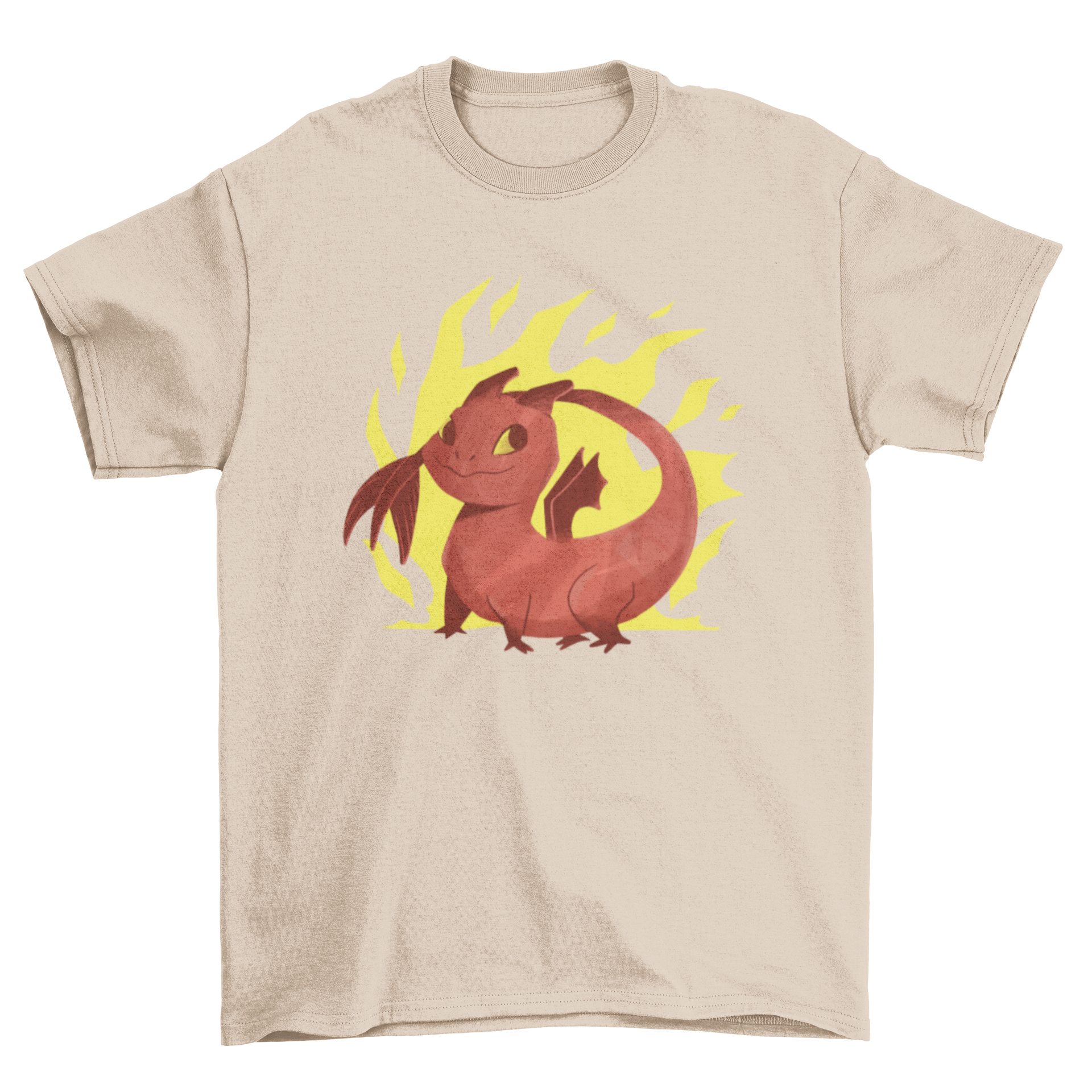 A vibrant cartoon dragon t-shirt design featuring a colorful dragon with flames in the background.