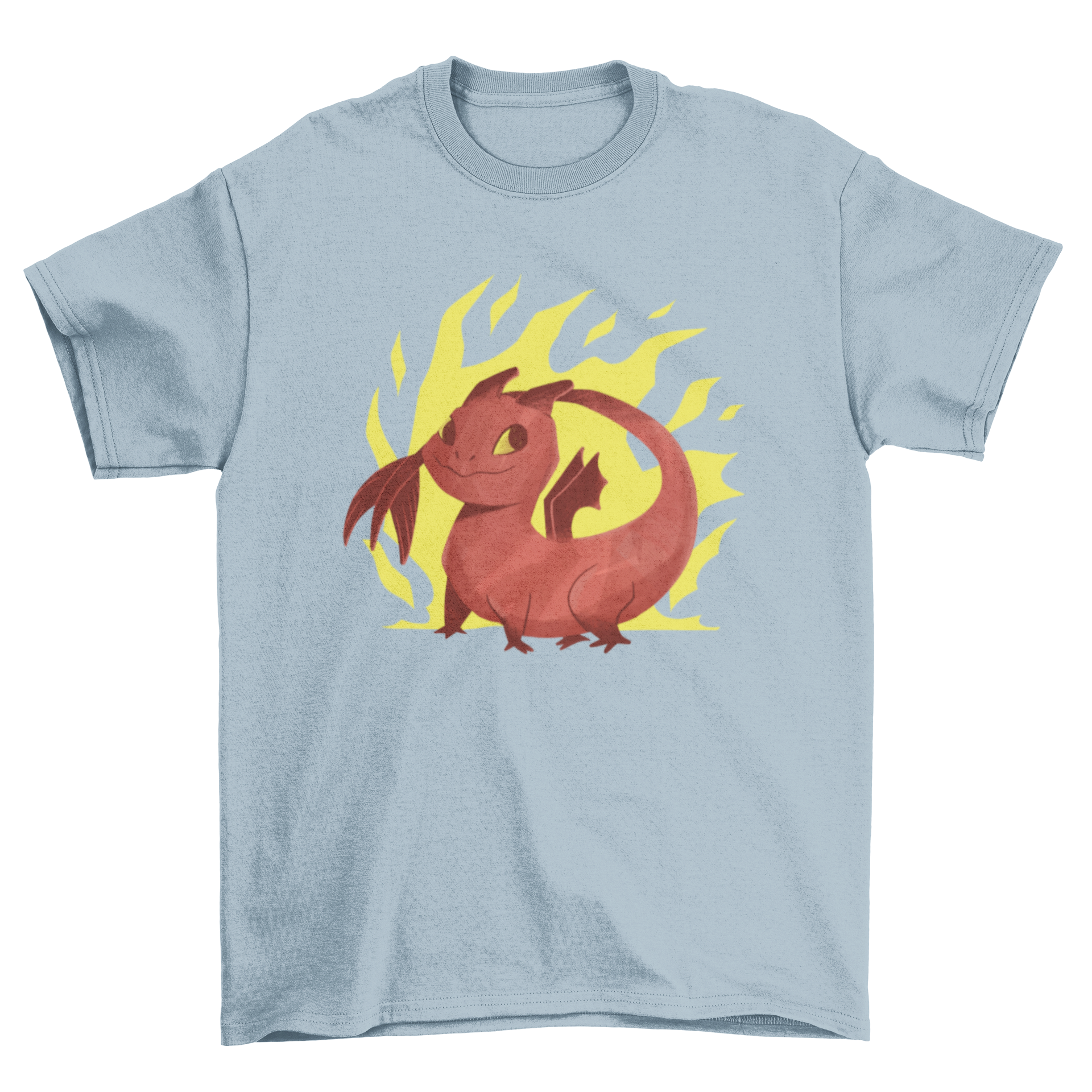 A vibrant cartoon dragon t-shirt design featuring a colorful dragon with flames in the background.
