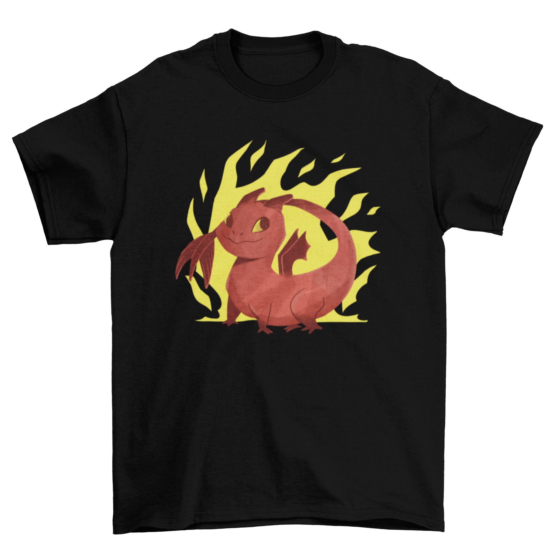A vibrant cartoon dragon t-shirt design featuring a colorful dragon with flames in the background.