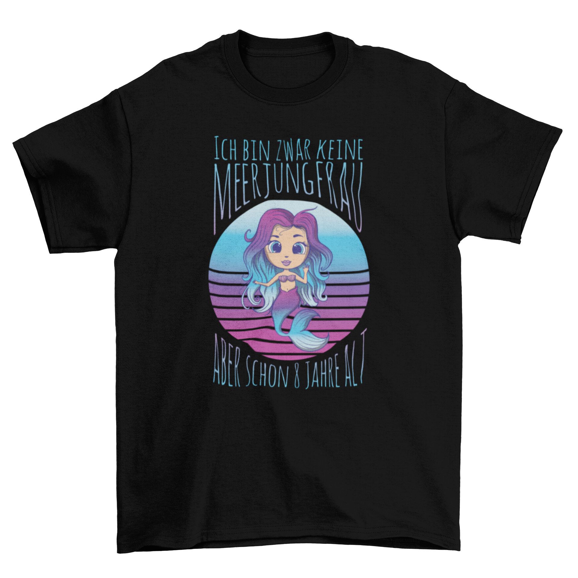 Cartoon mermaid t-shirt featuring a whimsical design and a German quote, perfect for casual wear.