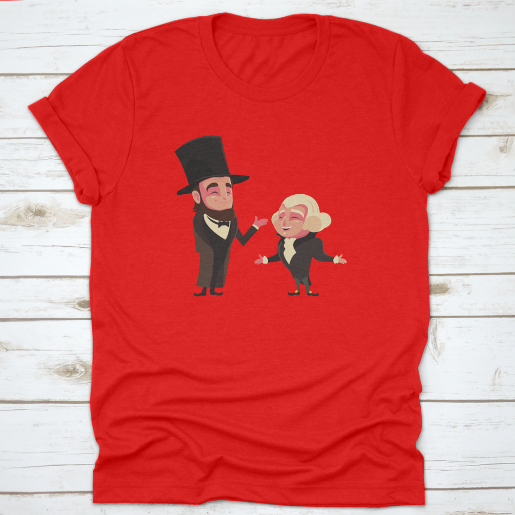 Cartoon t-shirt featuring Presidents George Washington and Abraham Lincoln, showcasing a unique and colorful design.