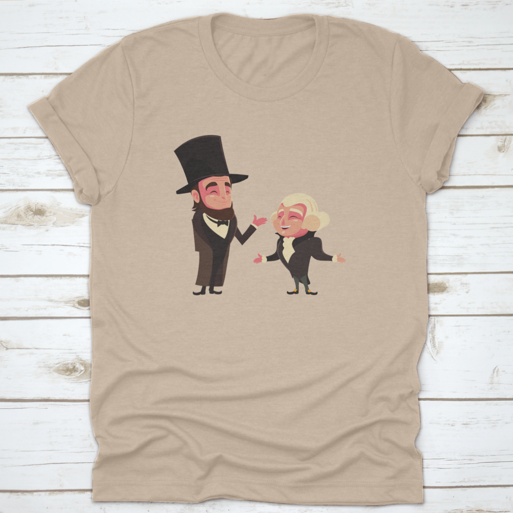 Cartoon t-shirt featuring Presidents George Washington and Abraham Lincoln, showcasing a unique and colorful design.
