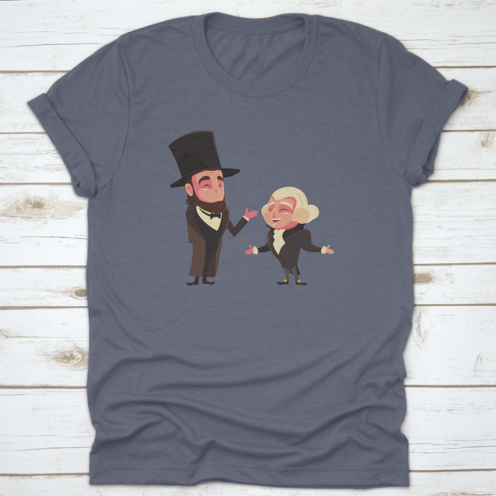 Cartoon t-shirt featuring Presidents George Washington and Abraham Lincoln, showcasing a unique and colorful design.