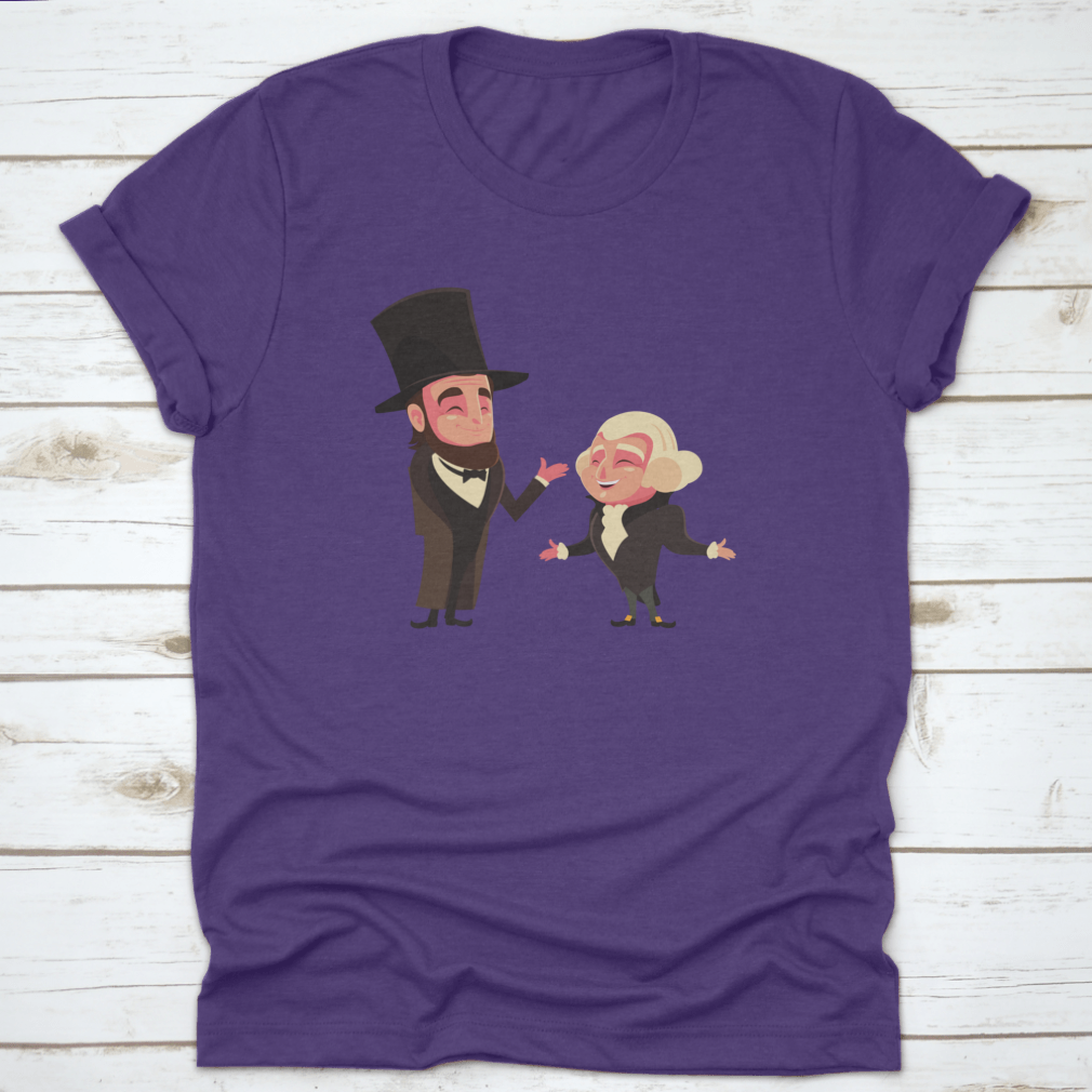 Cartoon t-shirt featuring Presidents George Washington and Abraham Lincoln, showcasing a unique and colorful design.