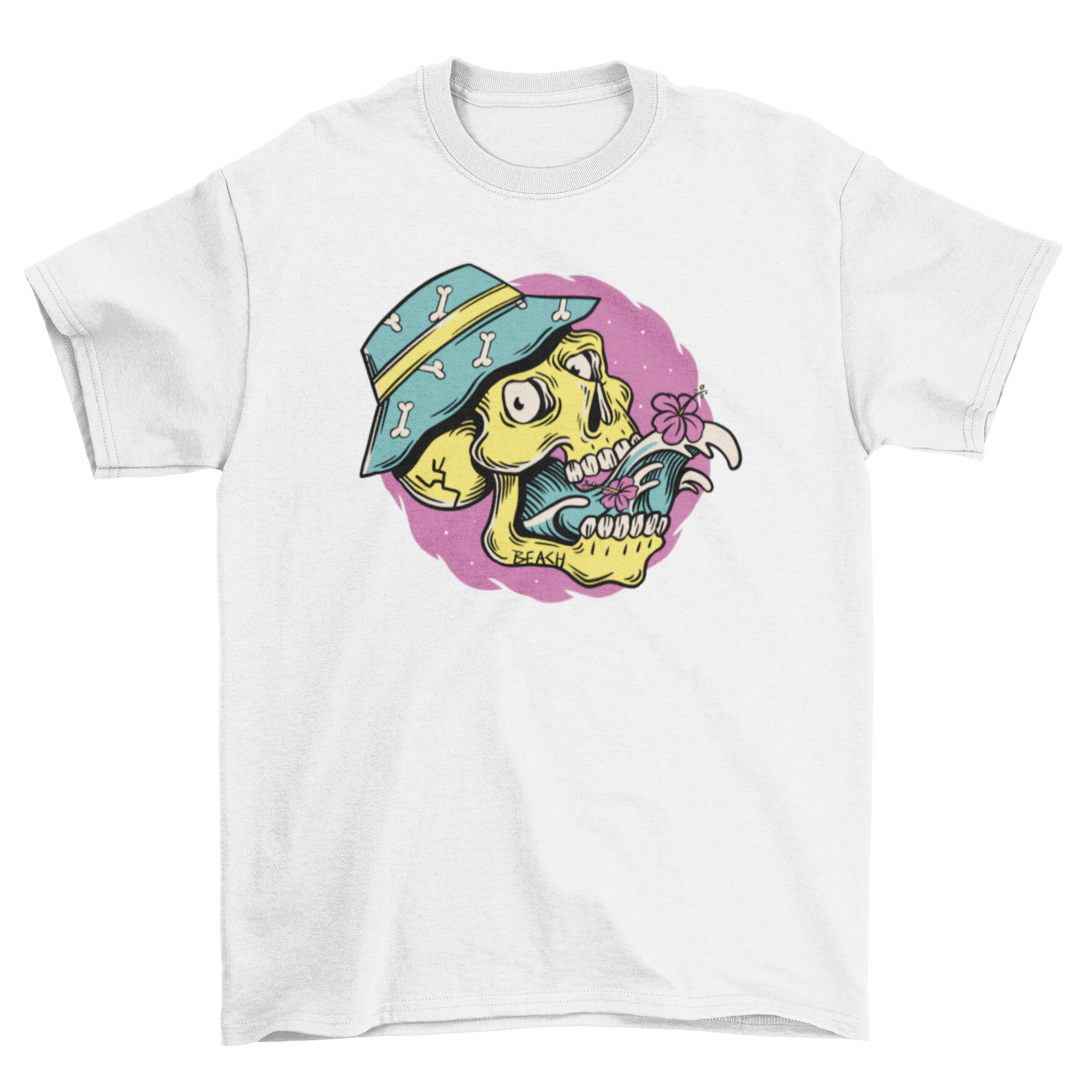 Cartoon skull summer hat t-shirt featuring a skull with waves and flowers, perfect for summer fashion.