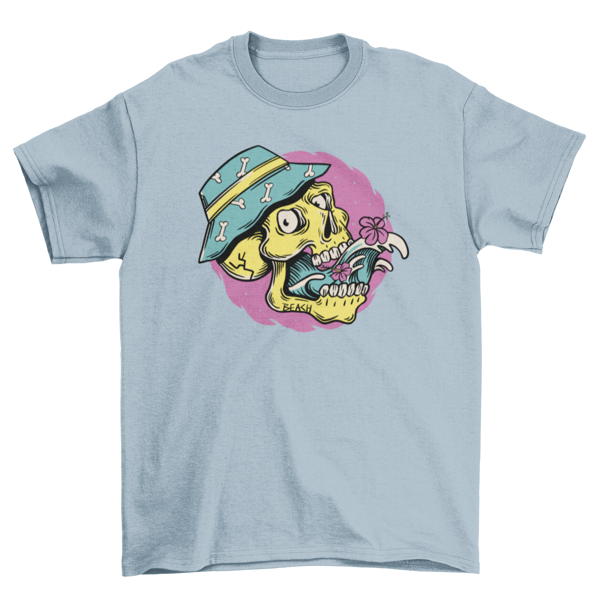 Cartoon skull summer hat t-shirt featuring a skull with waves and flowers, perfect for summer fashion.