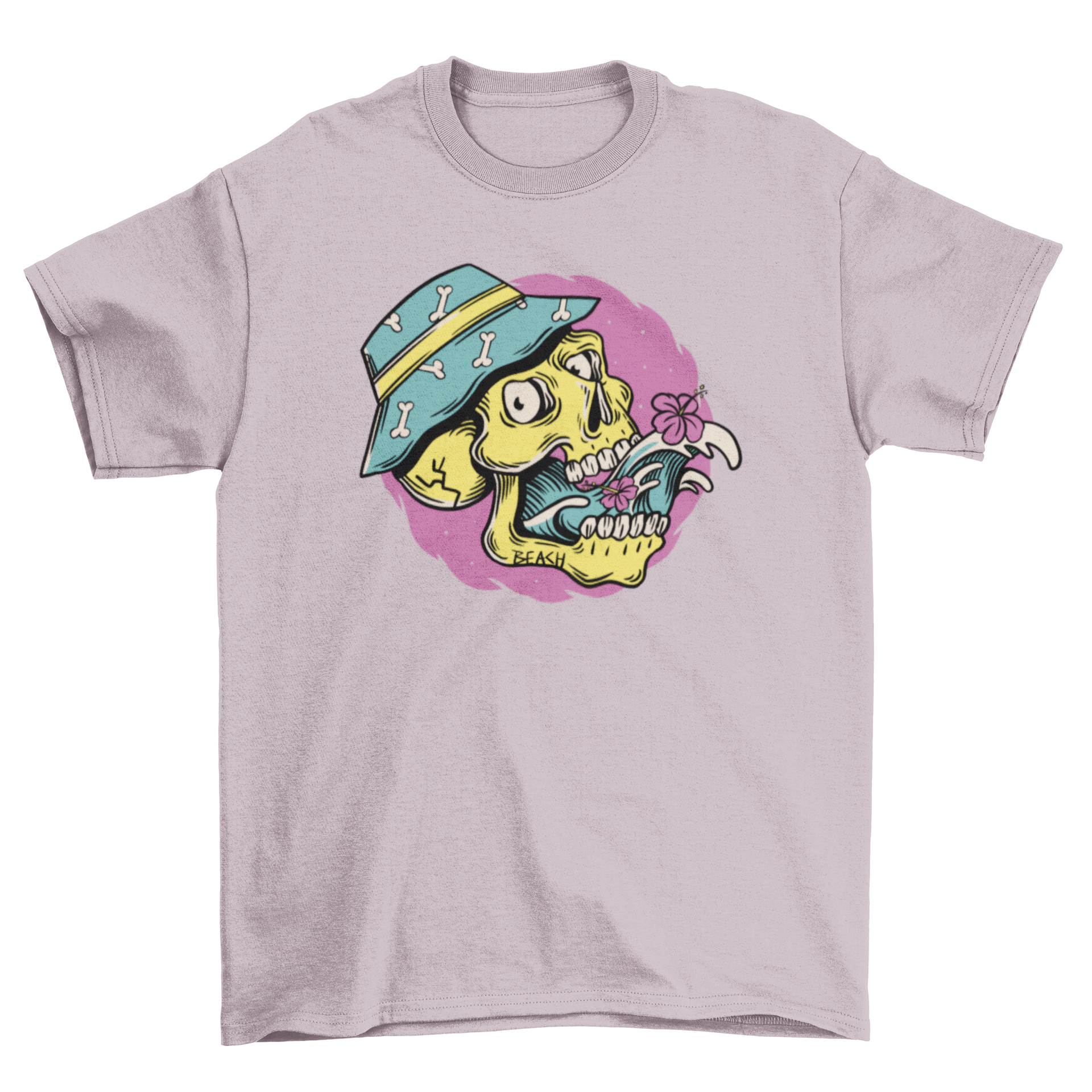 Cartoon skull summer hat t-shirt featuring a skull with waves and flowers, perfect for summer fashion.