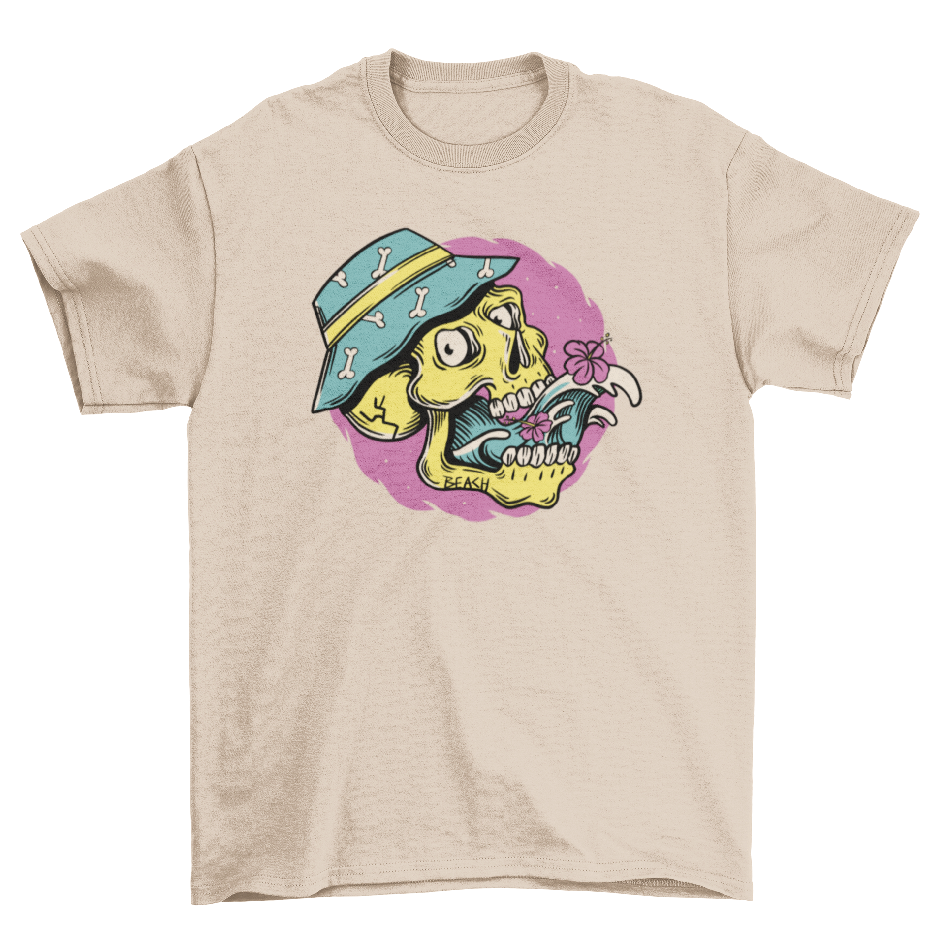 Cartoon skull summer hat t-shirt featuring a skull with waves and flowers, perfect for summer fashion.