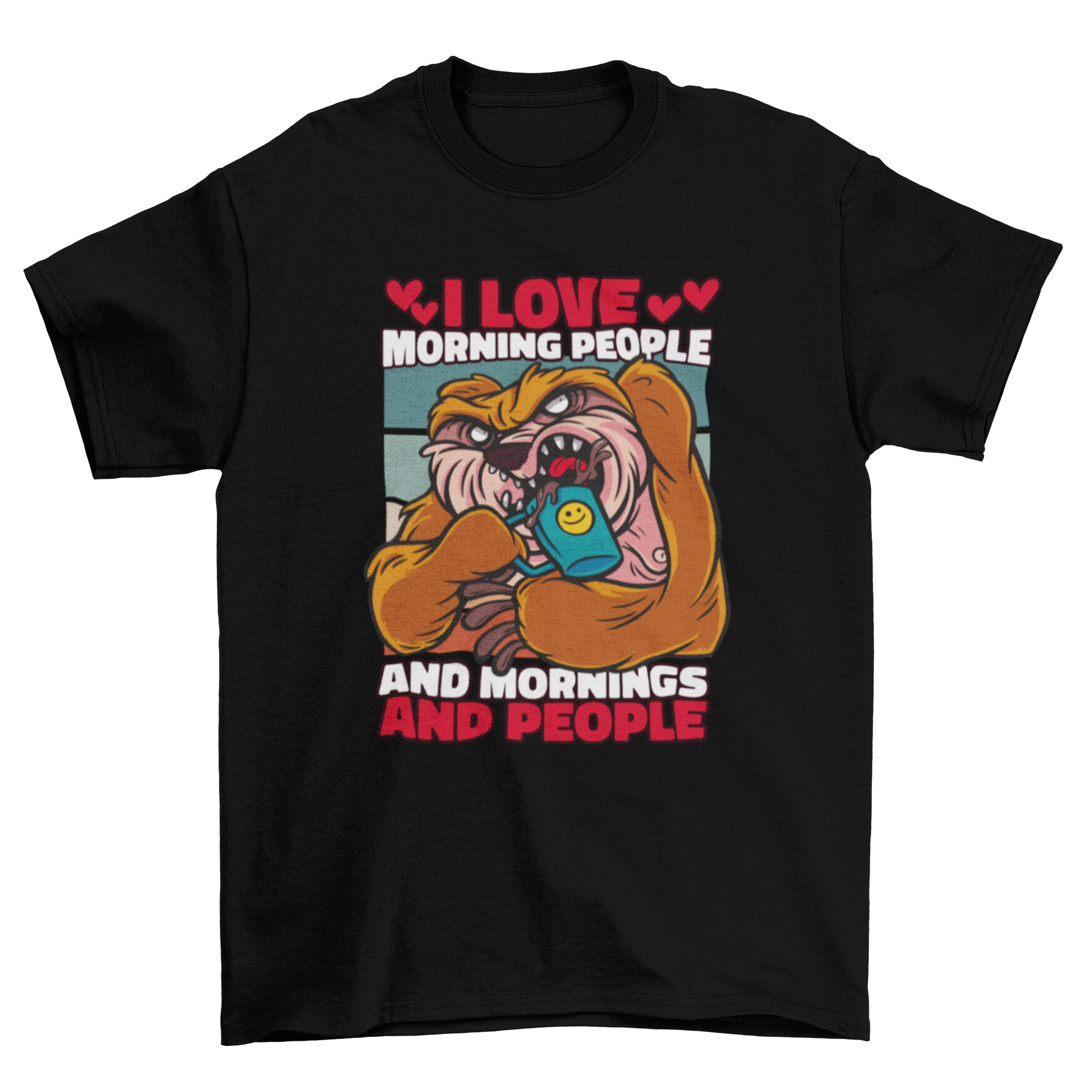 A playful cartoon sloth happily drinking coffee on a t-shirt design with the quote 'I love morning'.
