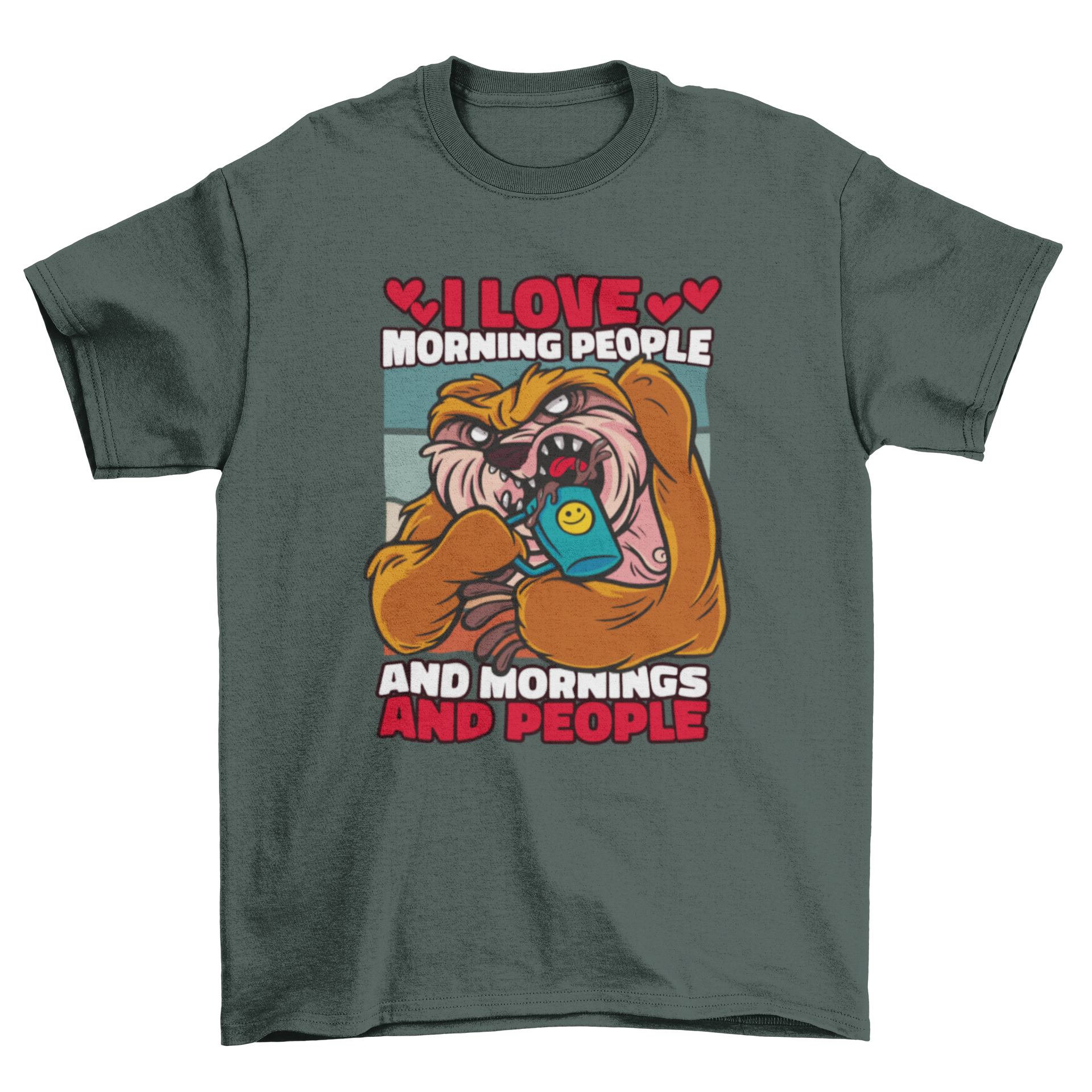 A playful cartoon sloth happily drinking coffee on a t-shirt design with the quote 'I love morning'.