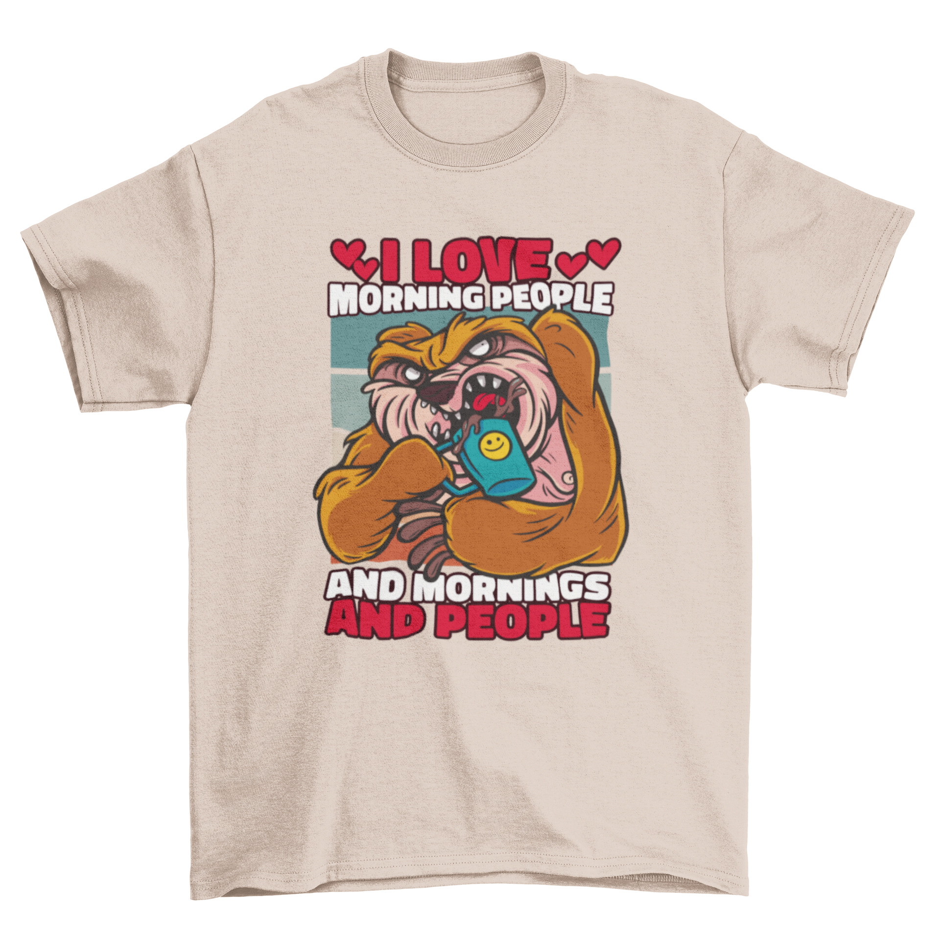 A playful cartoon sloth happily drinking coffee on a t-shirt design with the quote 'I love morning'.