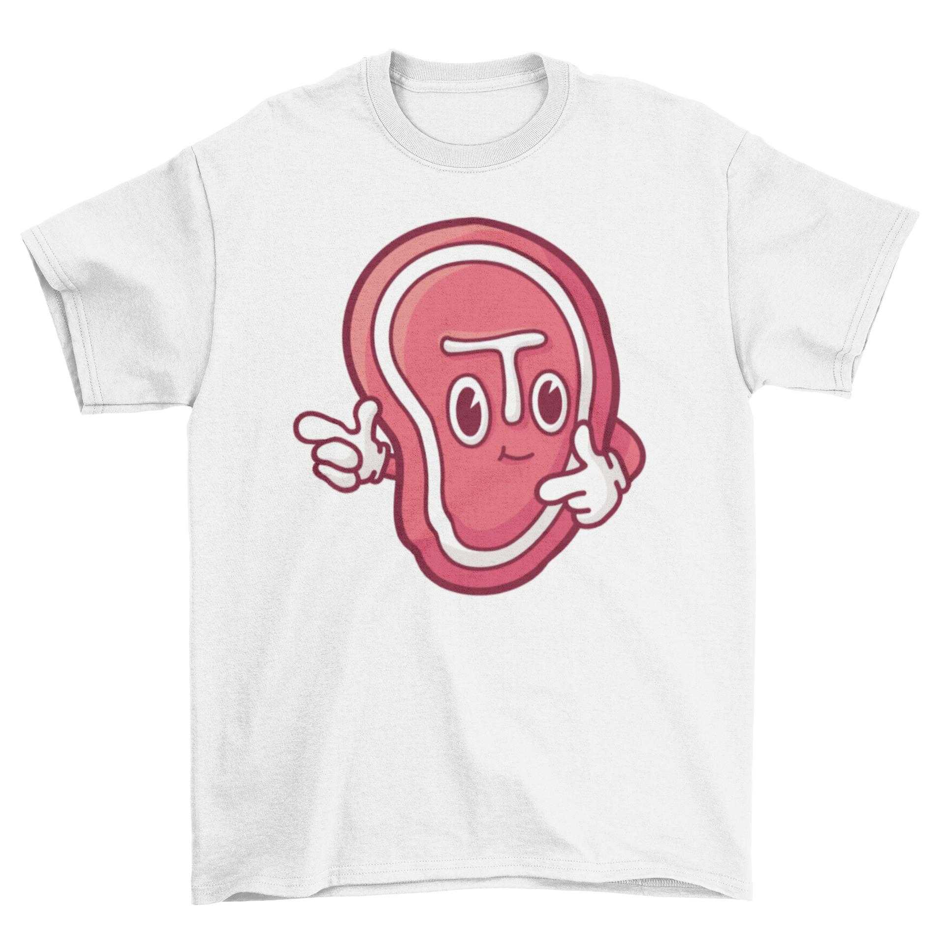 A vibrant cartoon steak graphic on a stylish t-shirt, perfect for meat lovers.