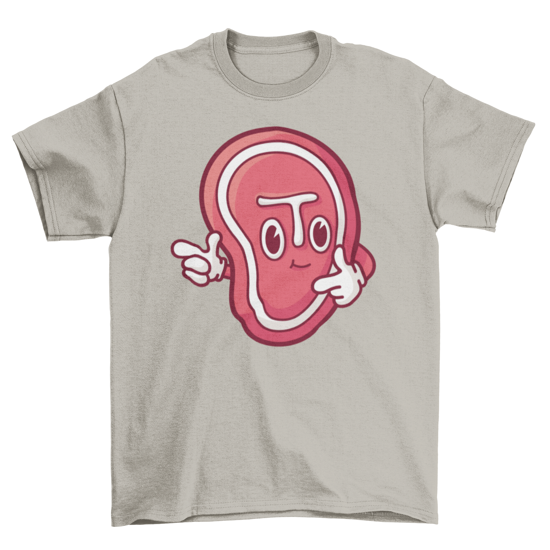 A vibrant cartoon steak graphic on a stylish t-shirt, perfect for meat lovers.