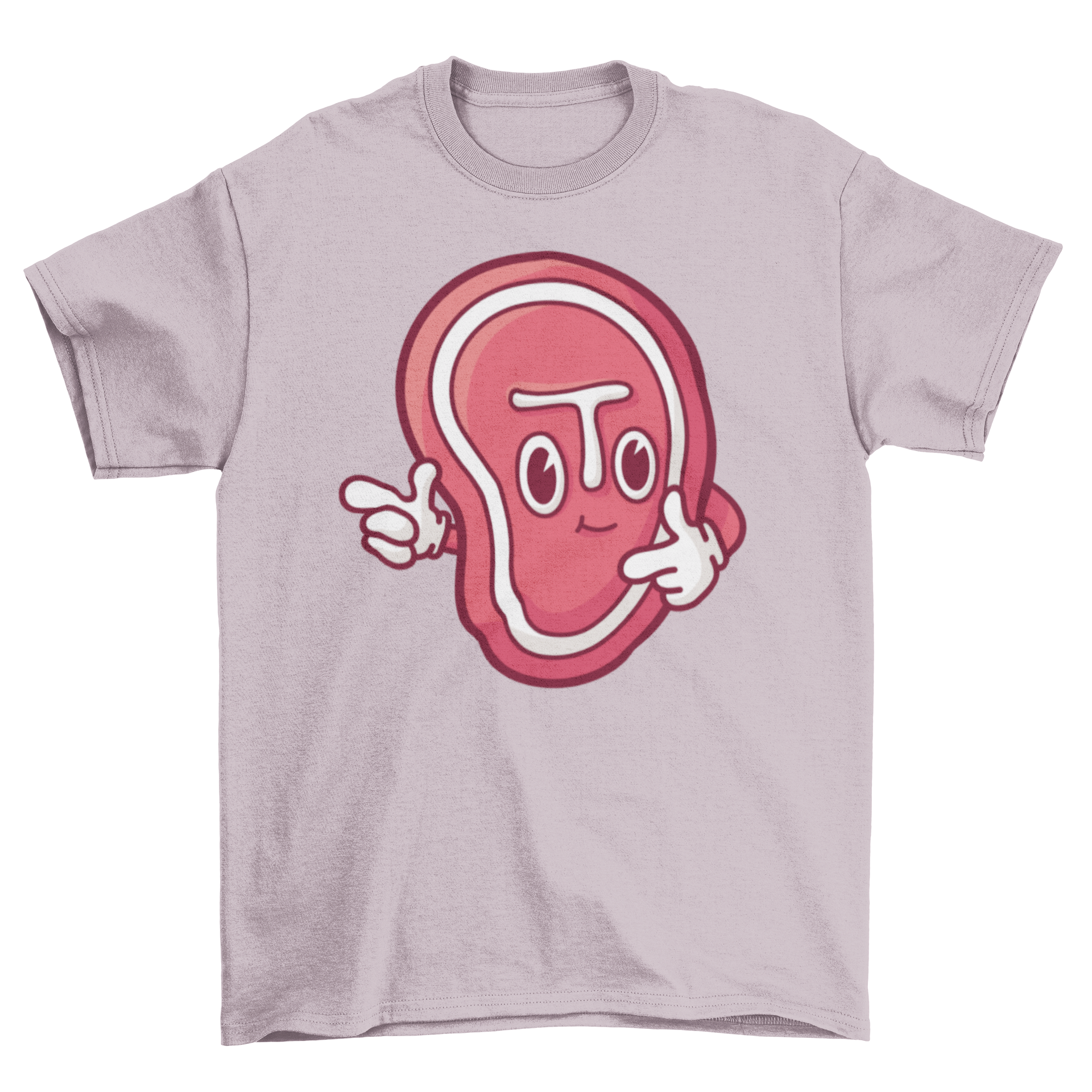A vibrant cartoon steak graphic on a stylish t-shirt, perfect for meat lovers.