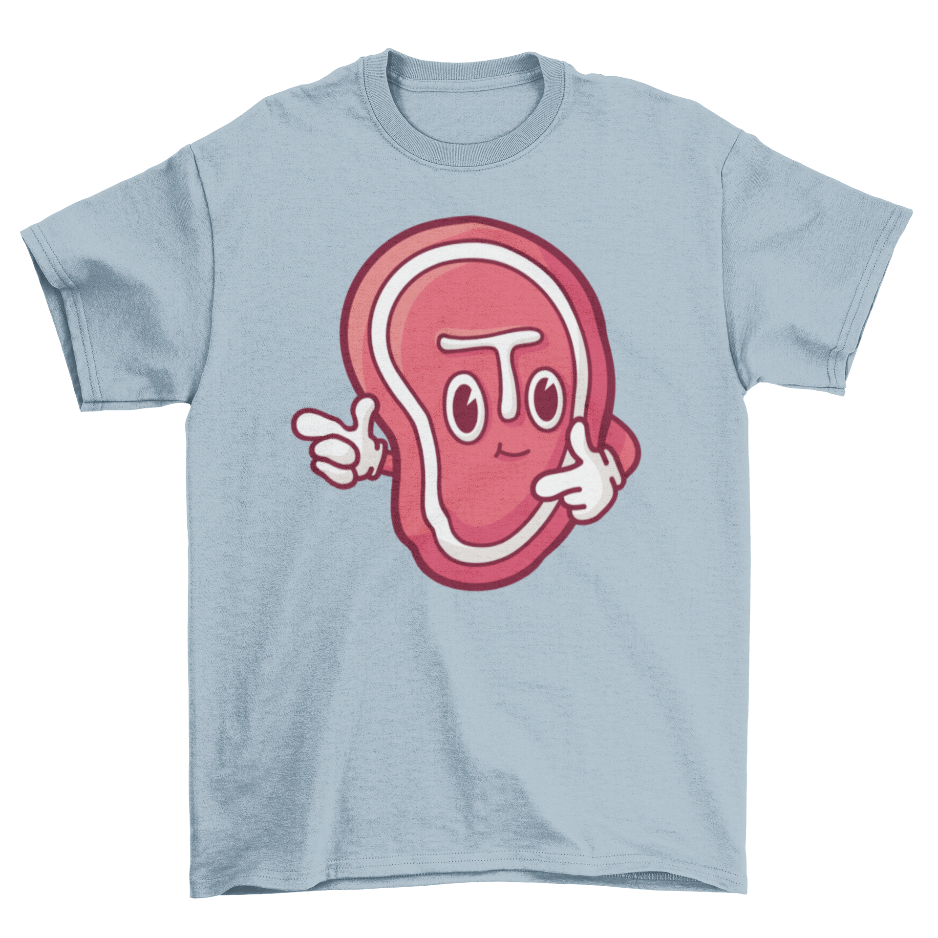 A vibrant cartoon steak graphic on a stylish t-shirt, perfect for meat lovers.