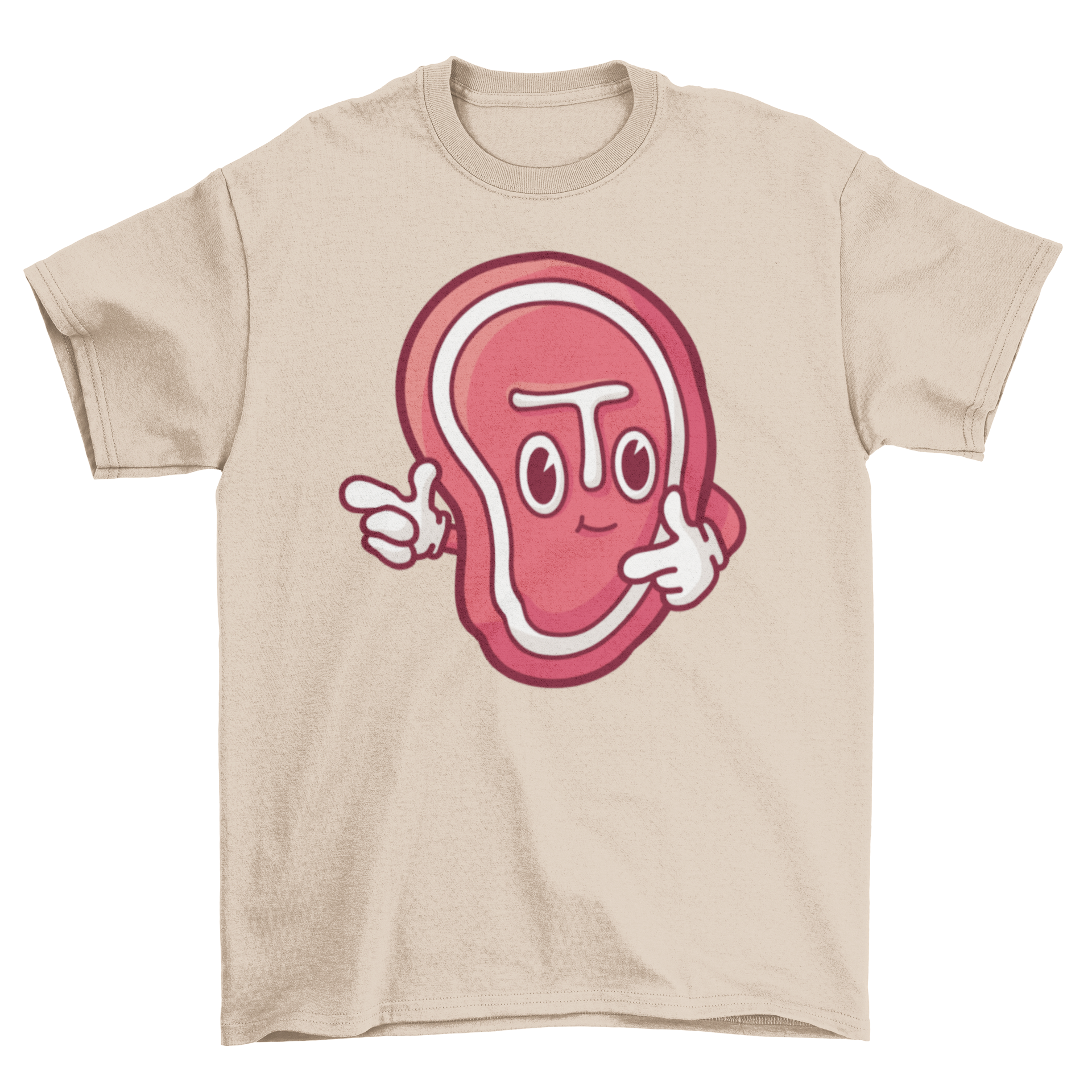 A vibrant cartoon steak graphic on a stylish t-shirt, perfect for meat lovers.