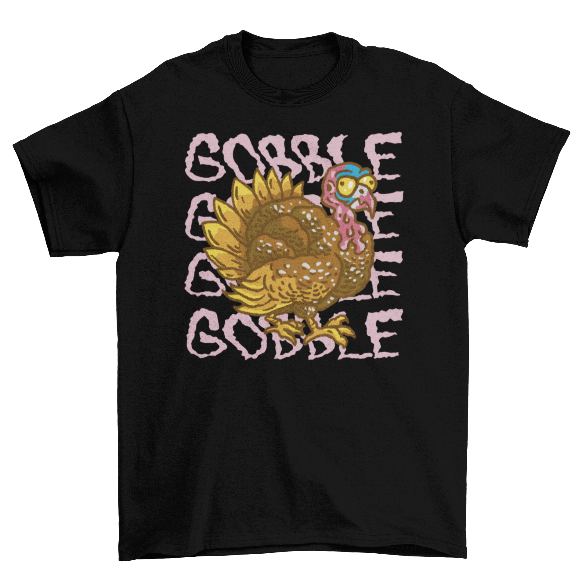 A colorful cartoon turkey t-shirt featuring the quote 'Gobble, gobble, gobble', perfect for Thanksgiving celebrations.