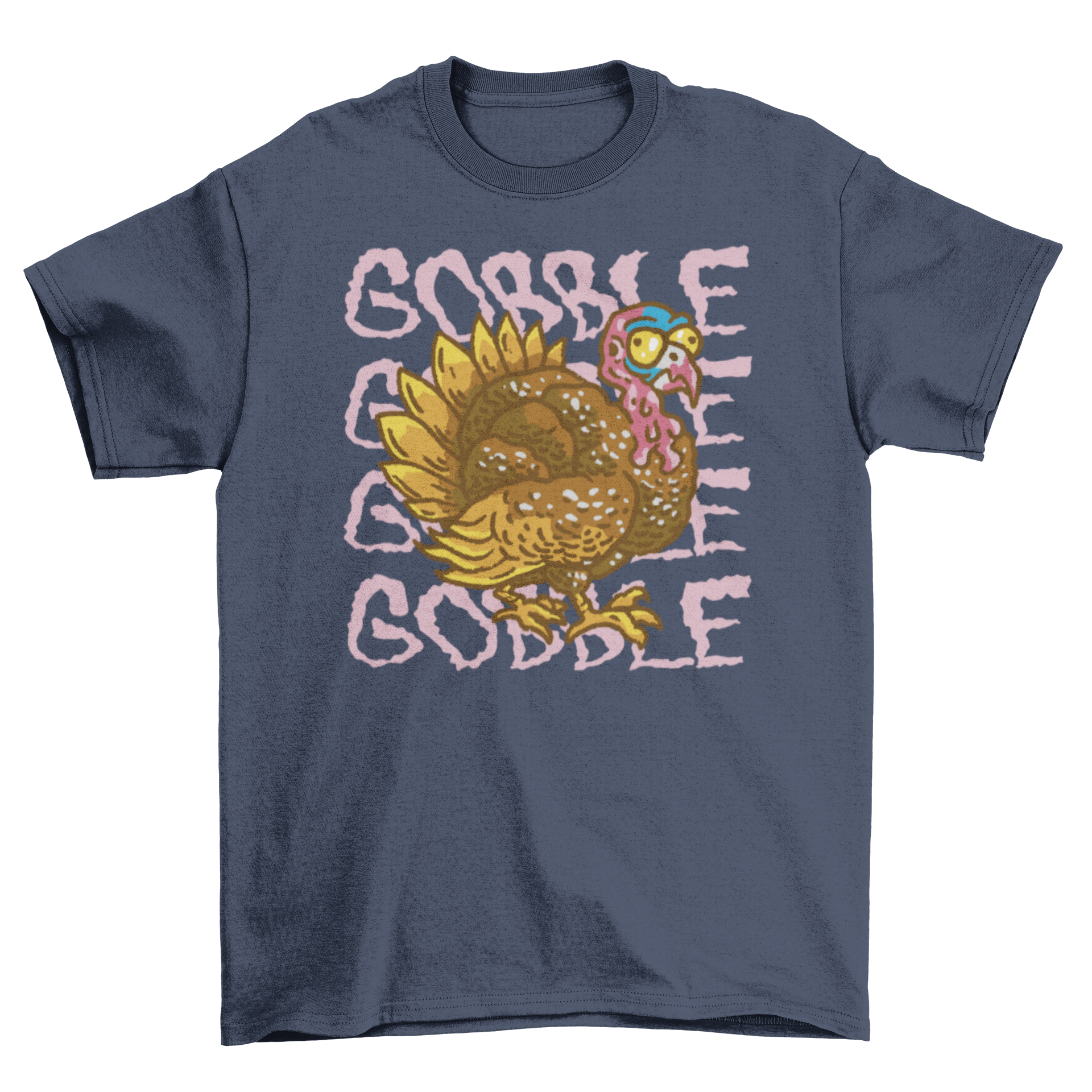 A colorful cartoon turkey t-shirt featuring the quote 'Gobble, gobble, gobble', perfect for Thanksgiving celebrations.