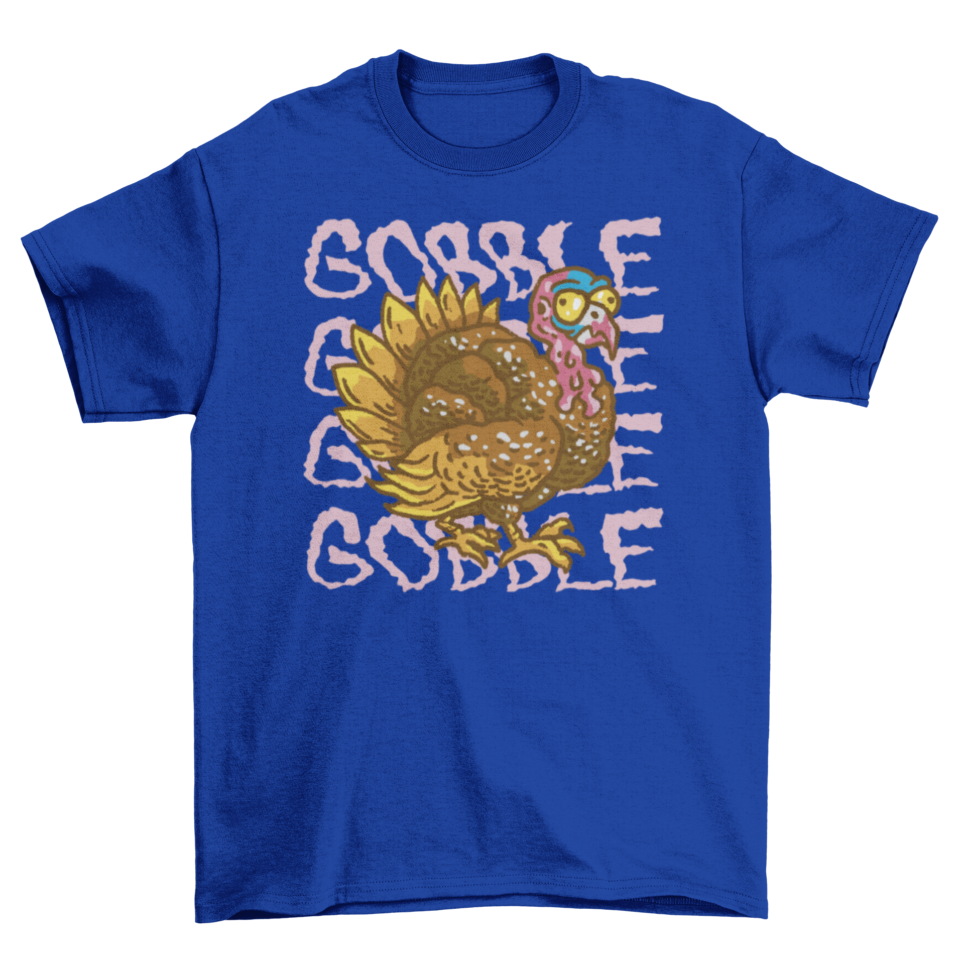 A colorful cartoon turkey t-shirt featuring the quote 'Gobble, gobble, gobble', perfect for Thanksgiving celebrations.
