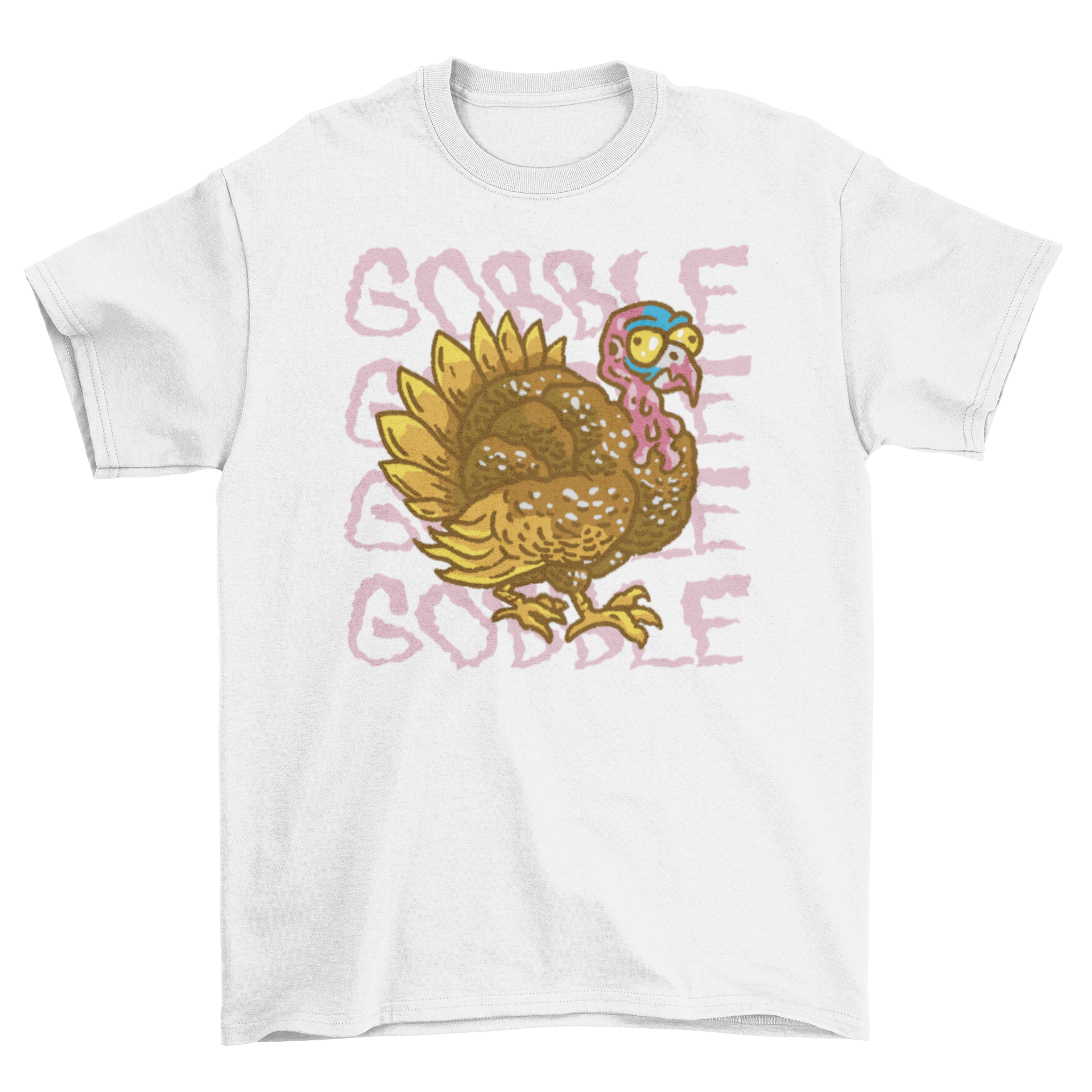 A colorful cartoon turkey t-shirt featuring the quote 'Gobble, gobble, gobble', perfect for Thanksgiving celebrations.