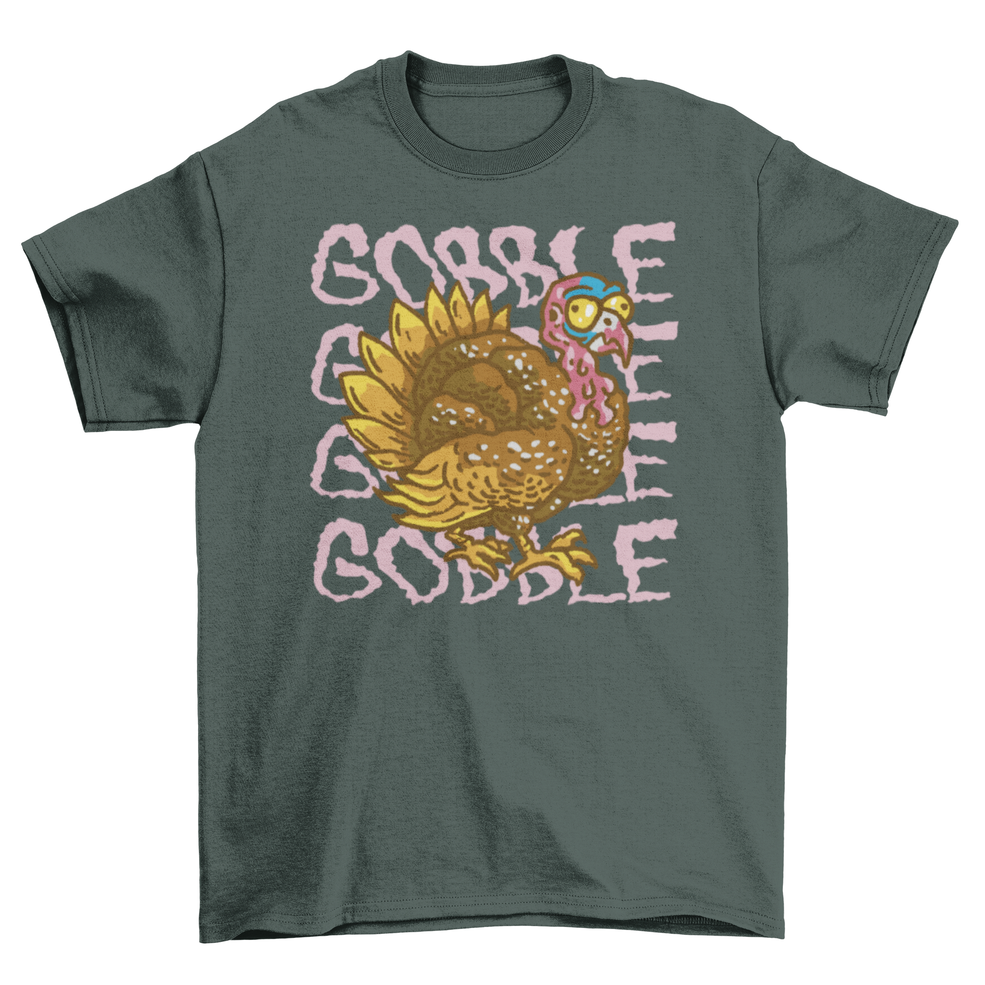 A colorful cartoon turkey t-shirt featuring the quote 'Gobble, gobble, gobble', perfect for Thanksgiving celebrations.