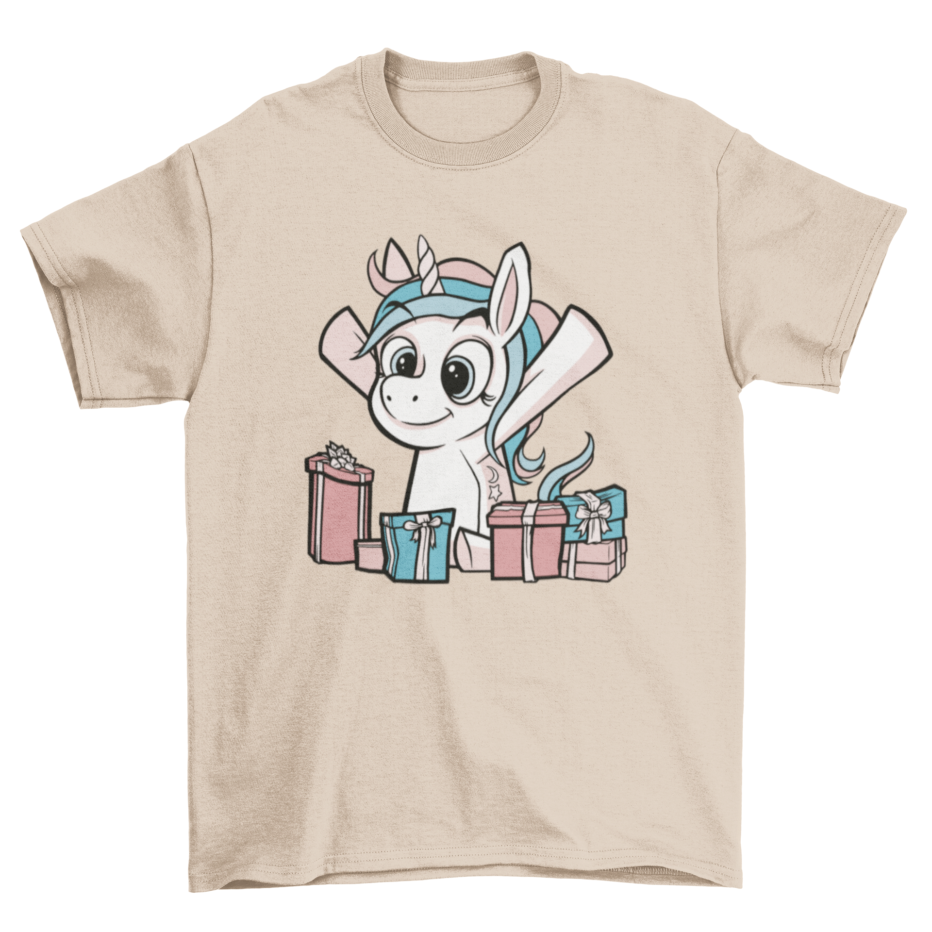 A colorful t-shirt featuring a cartoon unicorn surrounded by vibrant gifts, perfect for unicorn lovers.