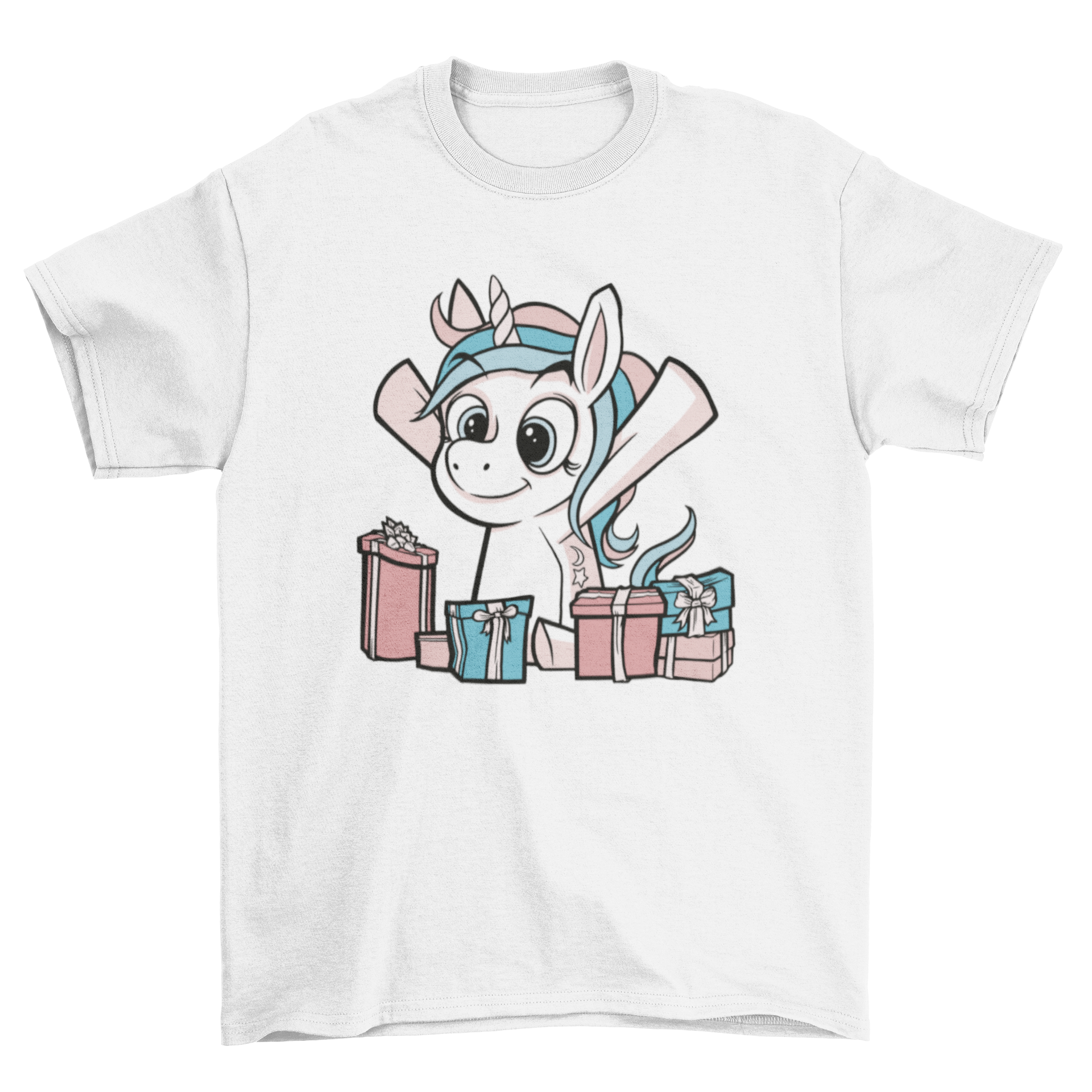 A colorful t-shirt featuring a cartoon unicorn surrounded by vibrant gifts, perfect for unicorn lovers.