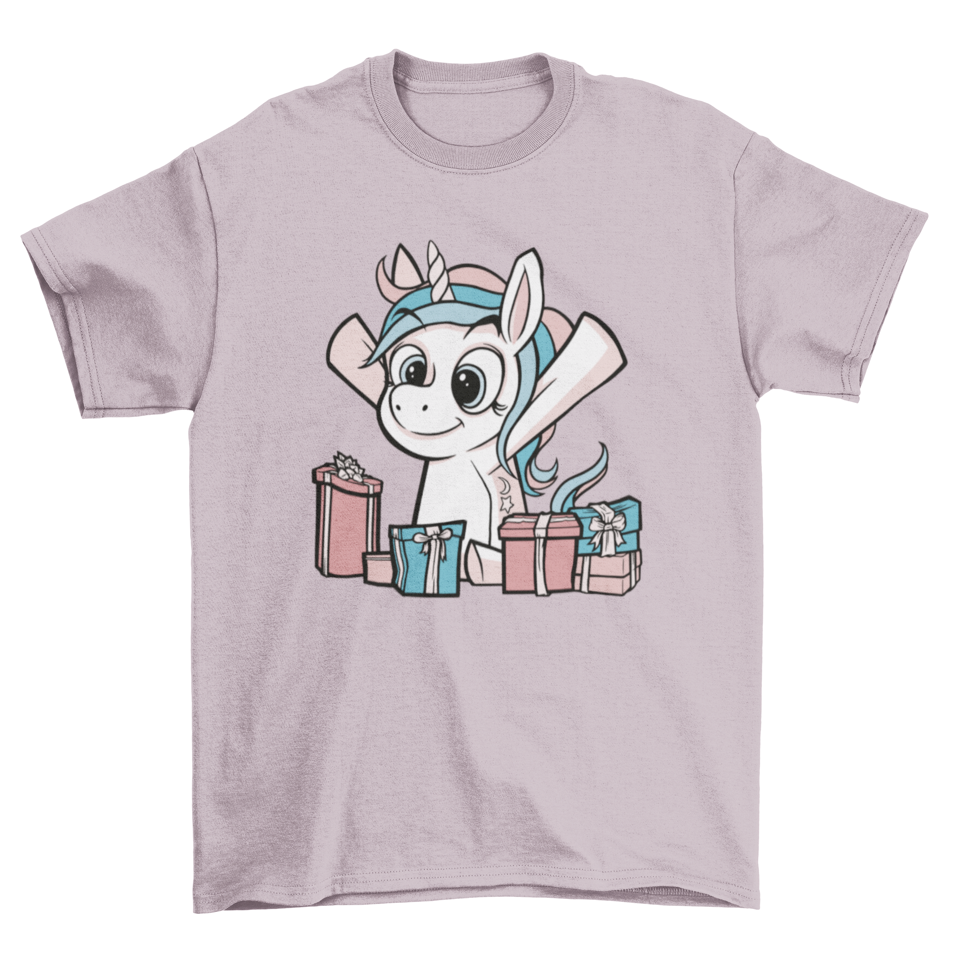 A colorful t-shirt featuring a cartoon unicorn surrounded by vibrant gifts, perfect for unicorn lovers.