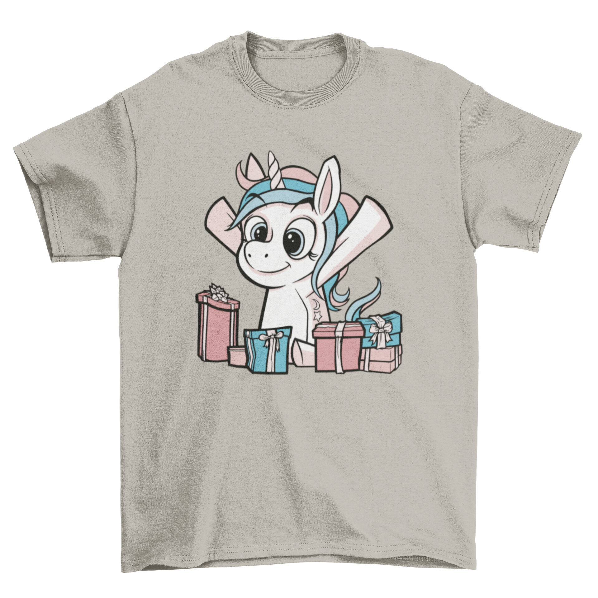 A colorful t-shirt featuring a cartoon unicorn surrounded by vibrant gifts, perfect for unicorn lovers.