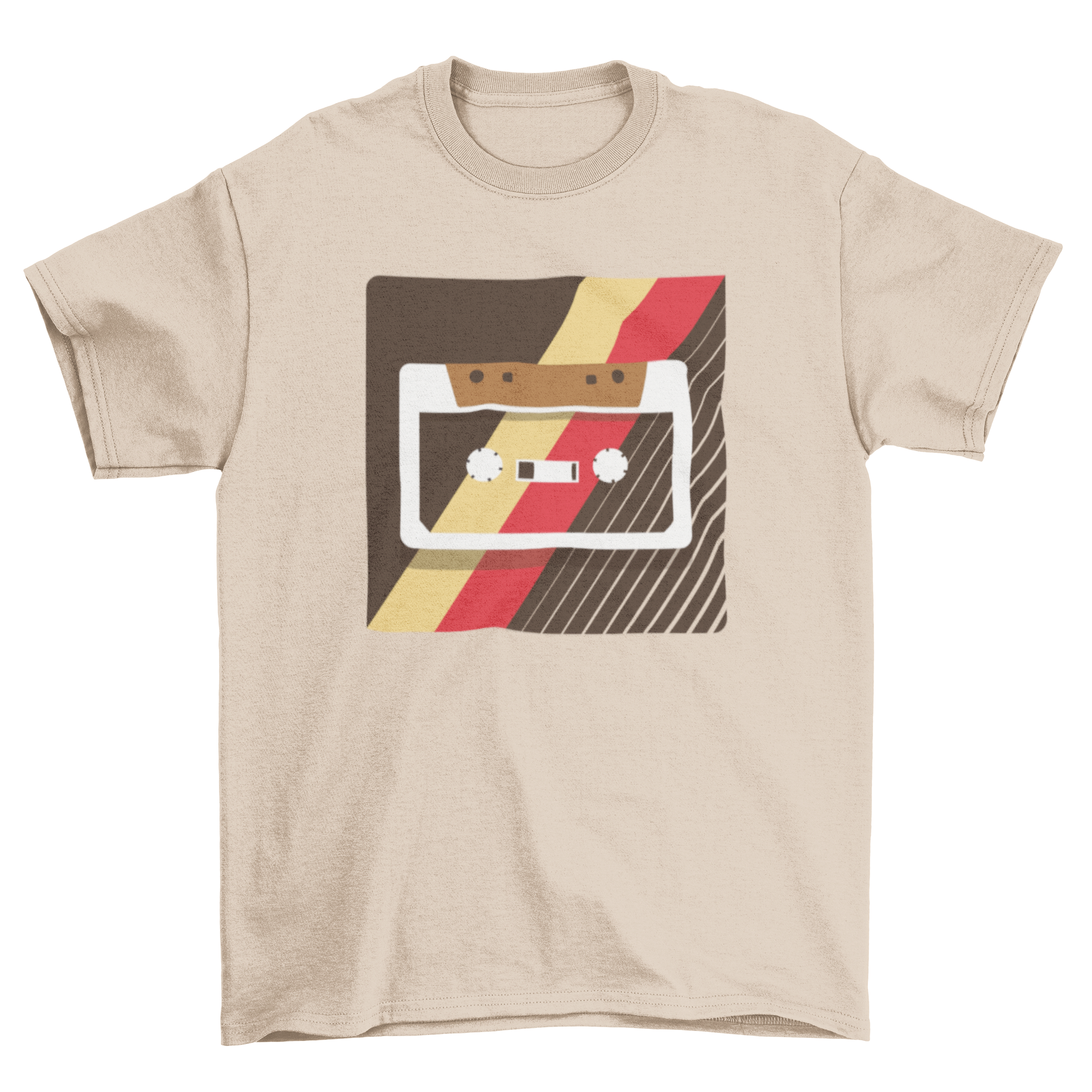 A stylish t-shirt featuring a retro cassette illustration, perfect for music lovers.