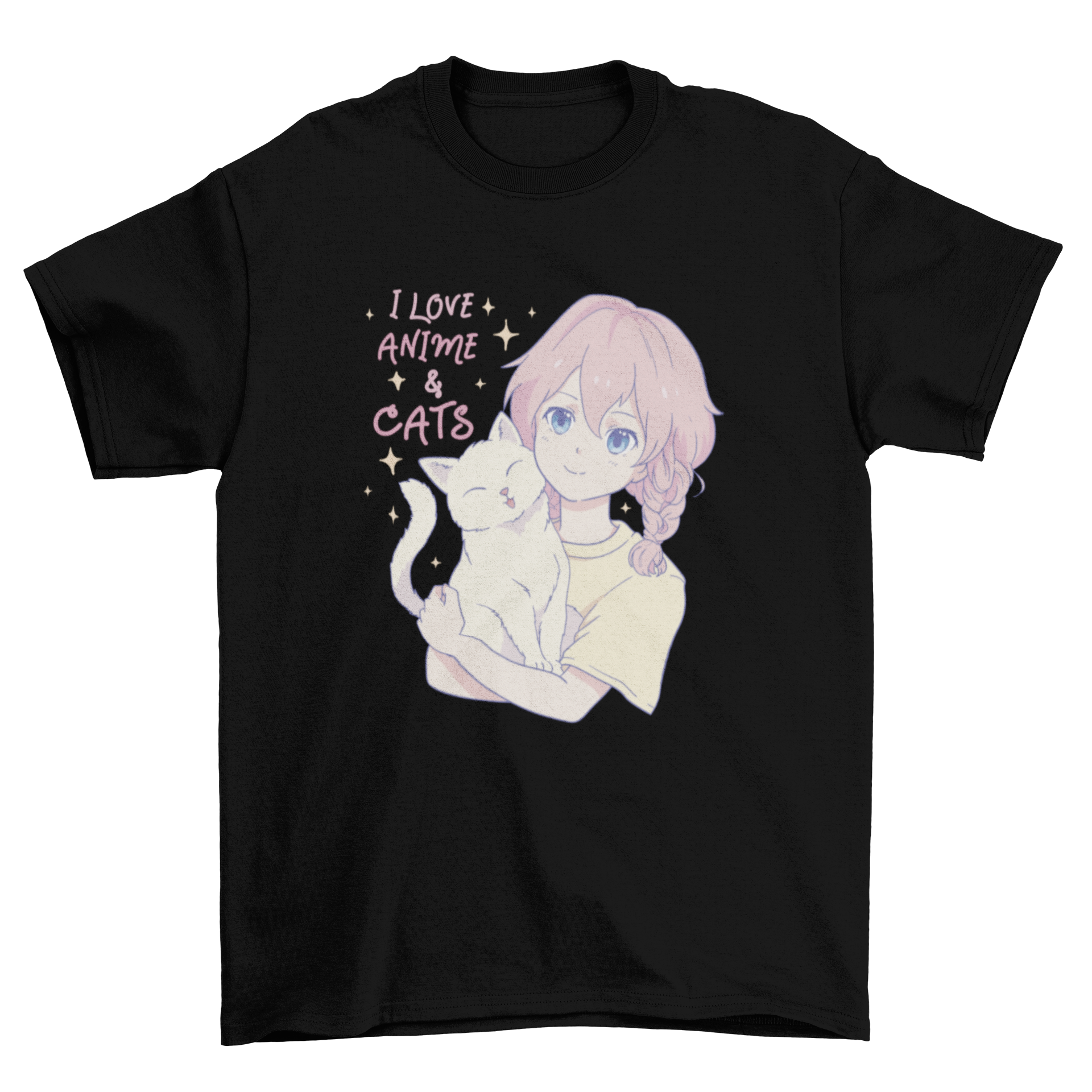 A stylish t-shirt featuring an anime girl hugging a cat with the quote 'I love anime and cats'.