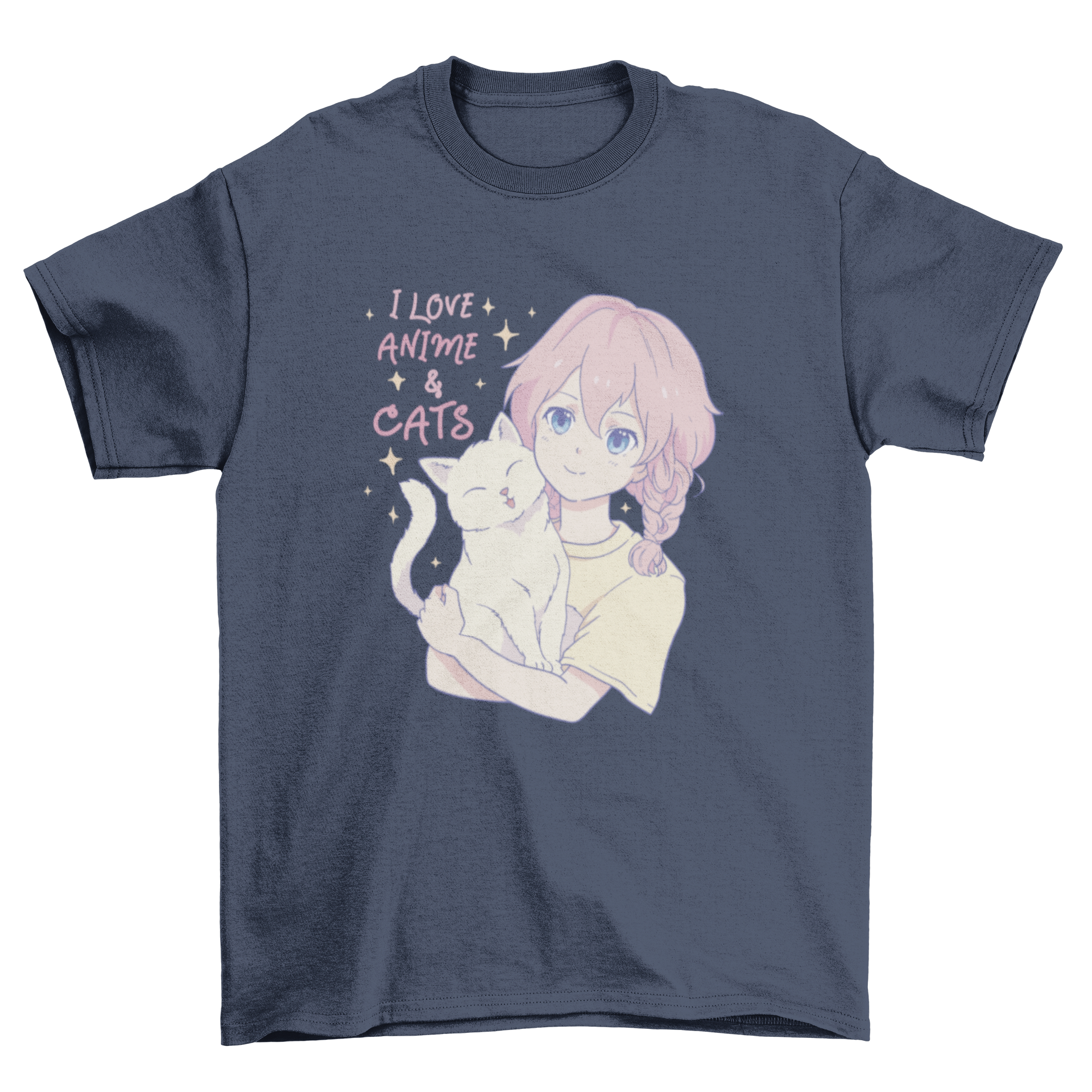 A stylish t-shirt featuring an anime girl hugging a cat with the quote 'I love anime and cats'.