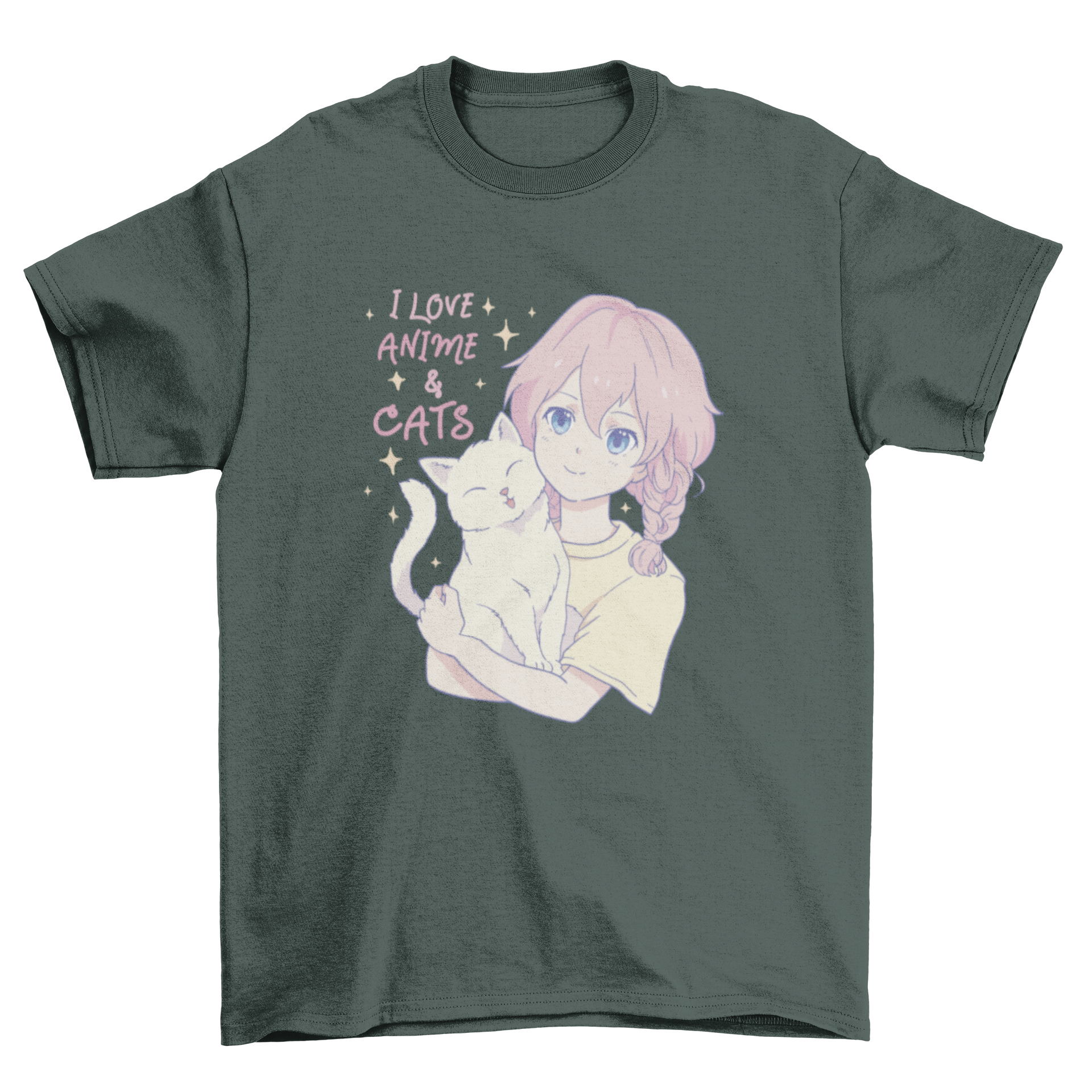 A stylish t-shirt featuring an anime girl hugging a cat with the quote 'I love anime and cats'.