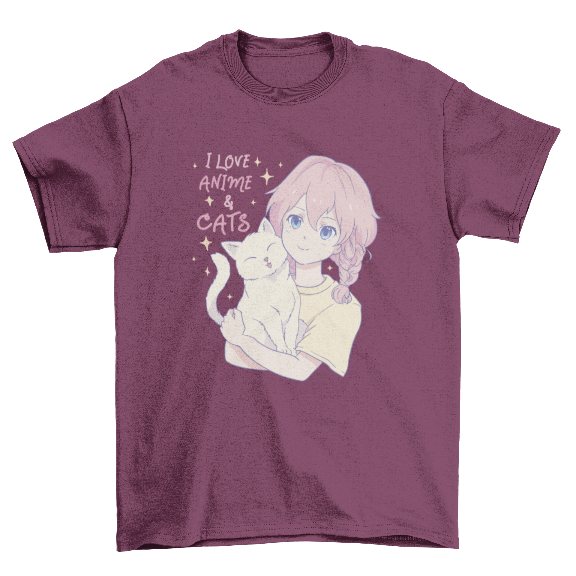 A stylish t-shirt featuring an anime girl hugging a cat with the quote 'I love anime and cats'.